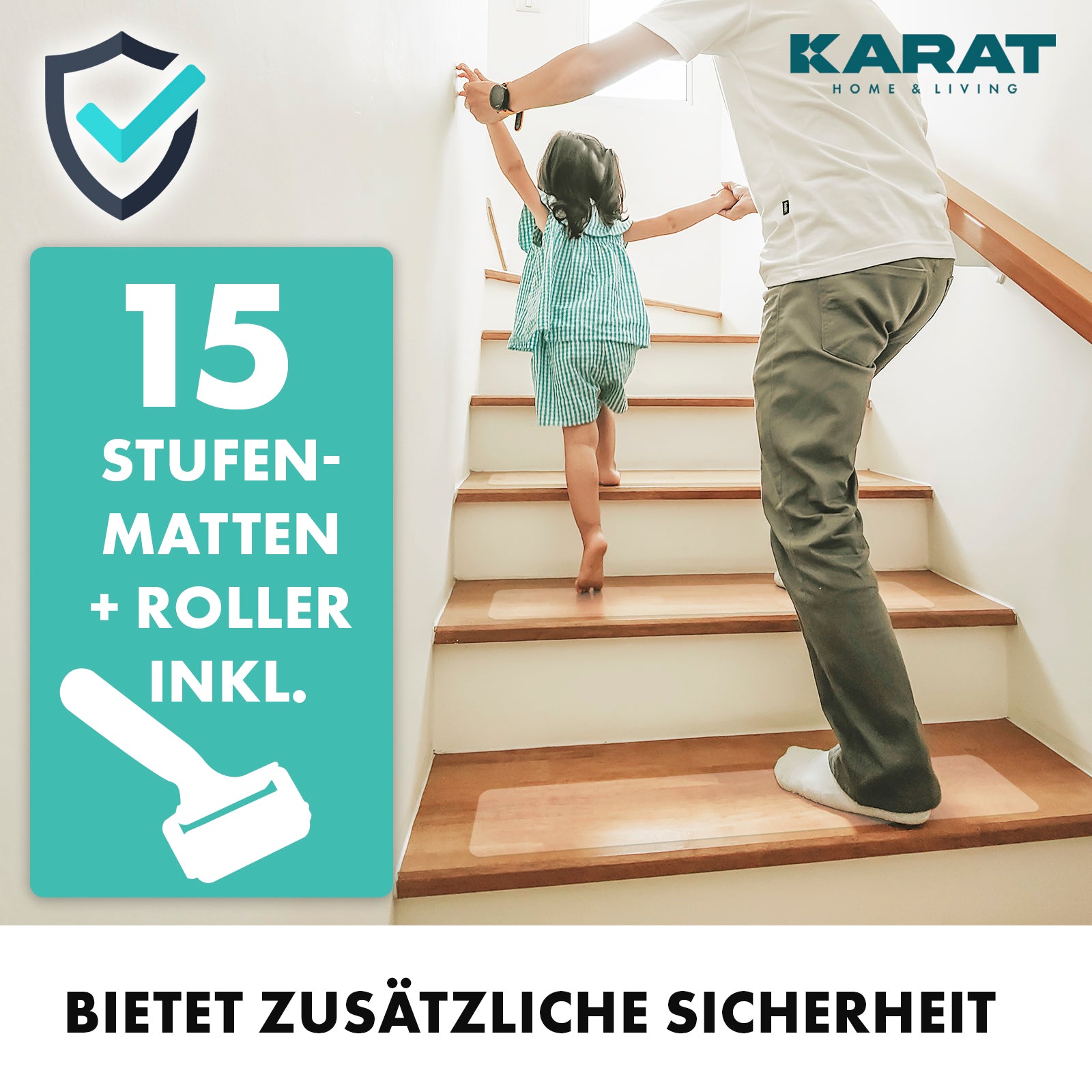Antirutsch-Streifen für Treppen | Henri | Strukturierte Oberfläche | Selbstklebend | 15er Set inklusive Montageroller | Transparent | 10 x 60 cm