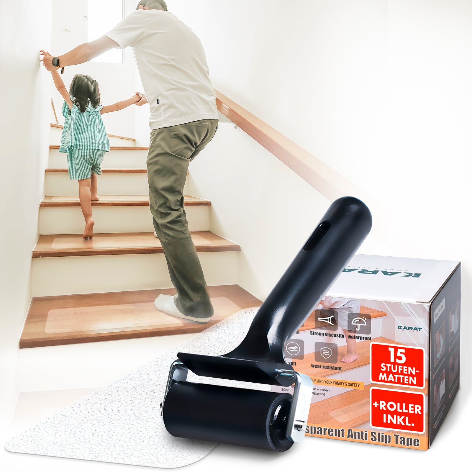 Antirutsch-Streifen für Treppen | Henri | Strukturierte Oberfläche | Selbstklebend | 15er Set inklusive Montageroller | Transparent | 10 x 60 cm