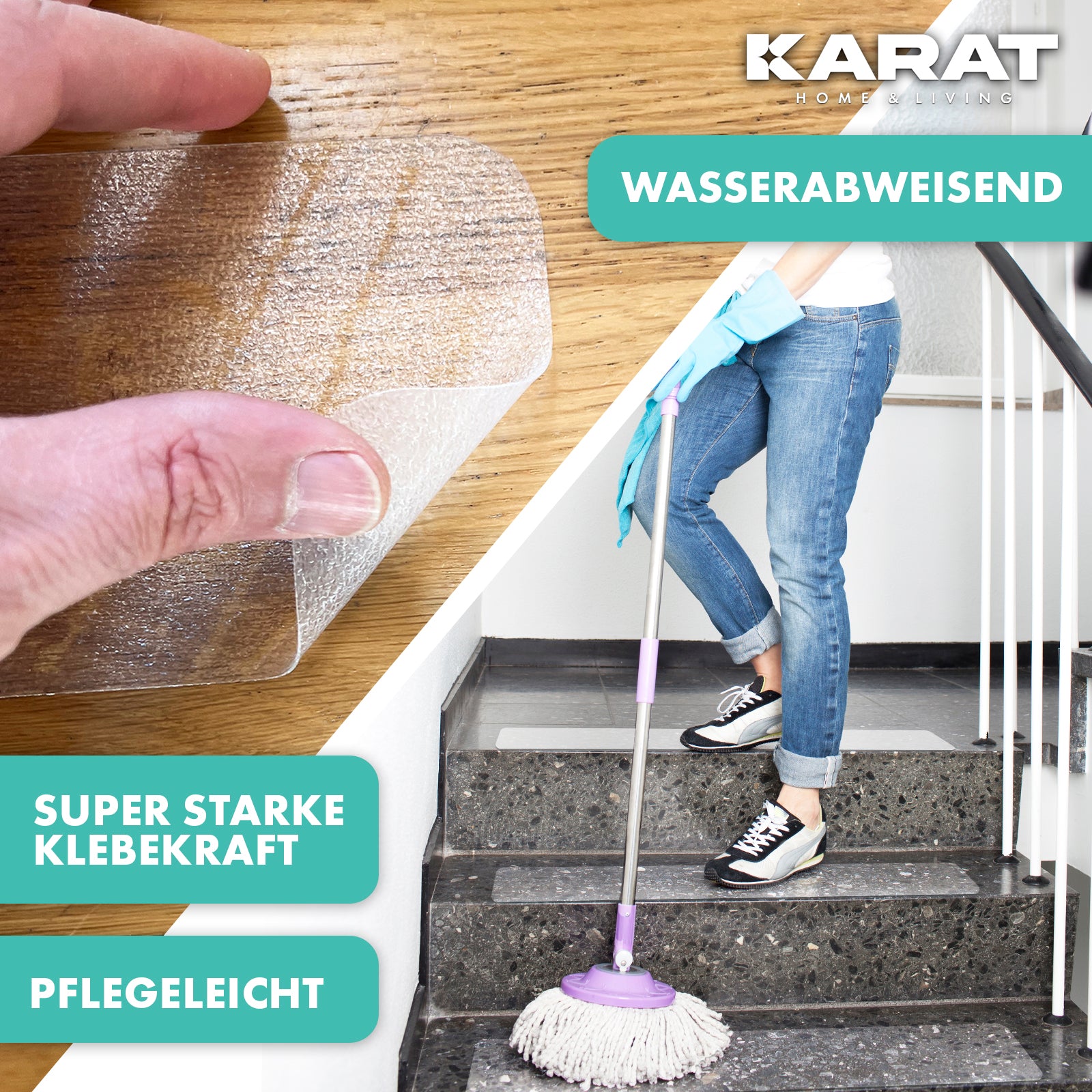 Antirutsch-Streifen für Treppen | Henri | Strukturierte Oberfläche | Selbstklebend | 15er Set inklusive Montageroller | Transparent | 10 x 60 cm