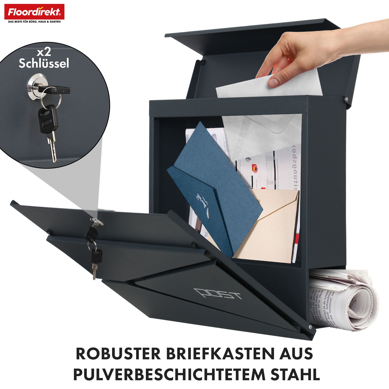 Briefkasten | Armand | Wetterfester Stahlbriefkasten mit C4-Einwurf und integriertem Zeitungsfach