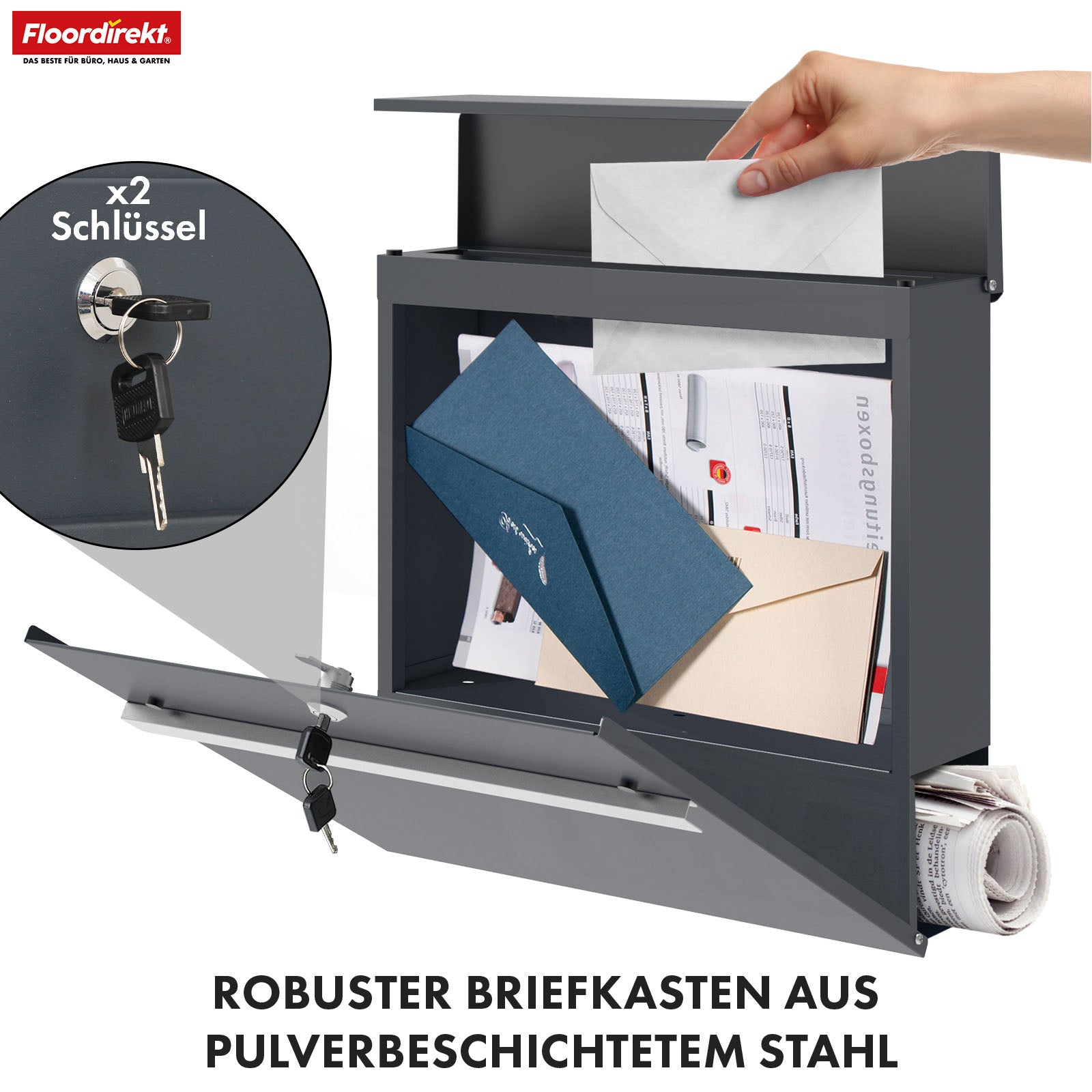 Briefkasten | Gaston | Moderner Wandbriefkasten mit Zeitungsfach & Edelstahl-Namensschild in Anthrazit