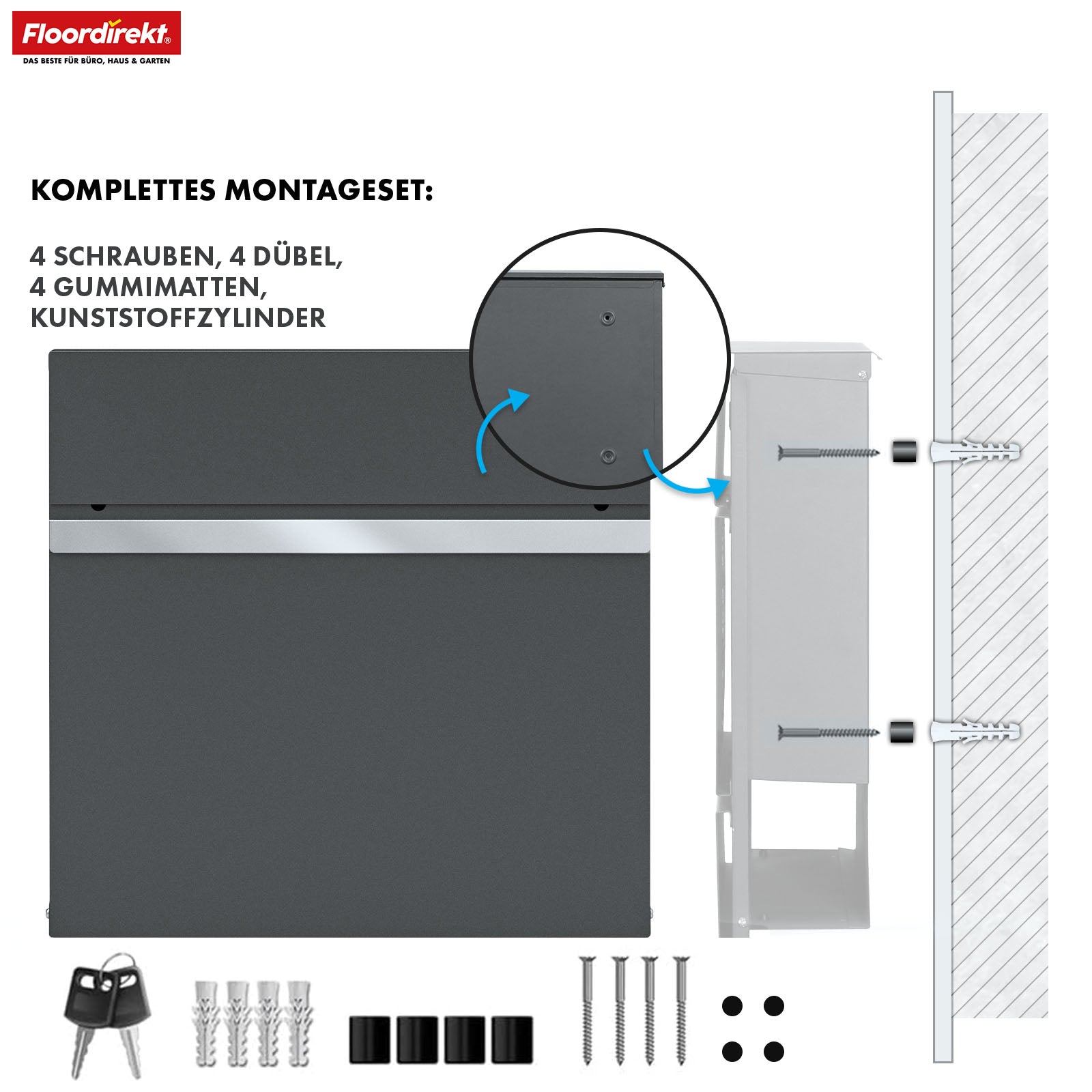 Briefkasten | Gaston | Moderner Wandbriefkasten mit Zeitungsfach & Edelstahl-Namensschild in Anthrazit