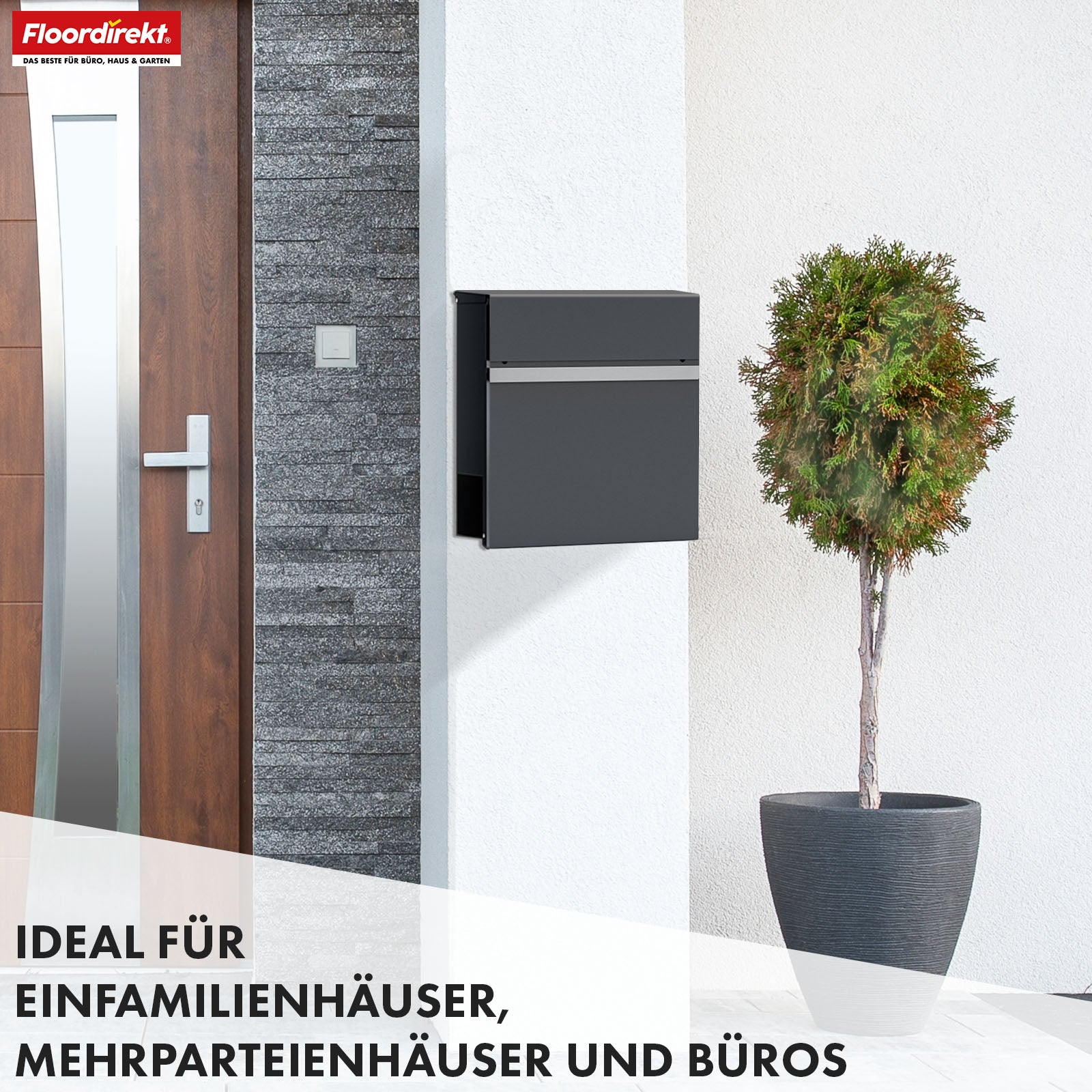 Briefkasten | Gaston | Moderner Wandbriefkasten mit Zeitungsfach & Edelstahl-Namensschild in Anthrazit