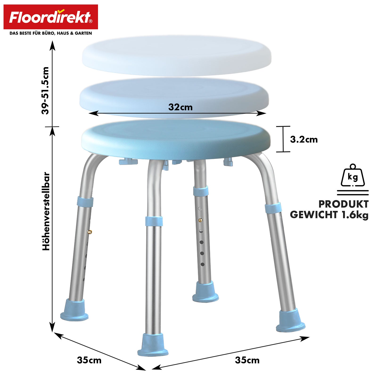 Dusch- und Badhocker | Pedro | Höhenverstellbar & 360° drehbar | Rutschfest & belastbar bis 150 kg