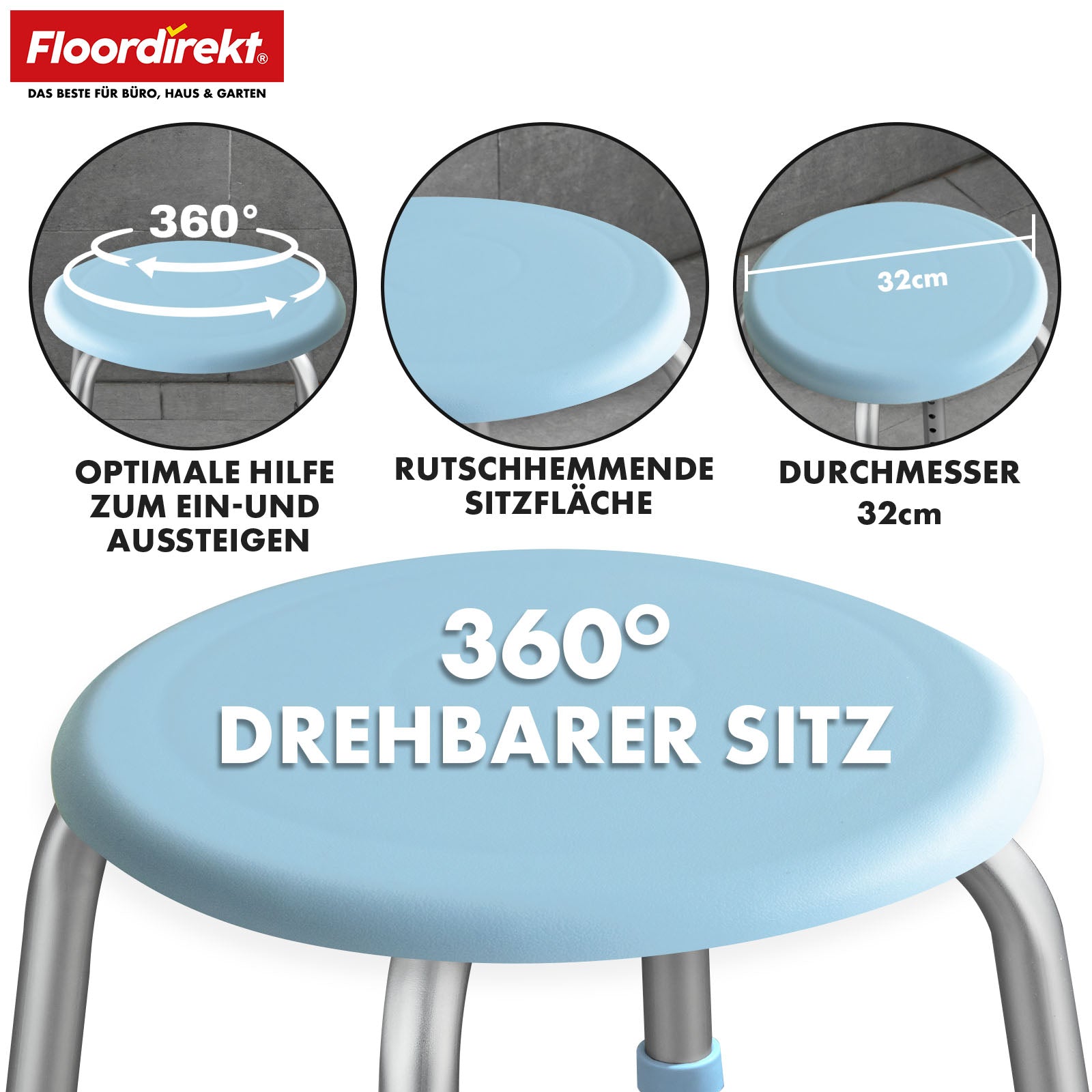 Dusch- und Badhocker | Pedro | Höhenverstellbar & 360° drehbar | Rutschfest & belastbar bis 150 kg