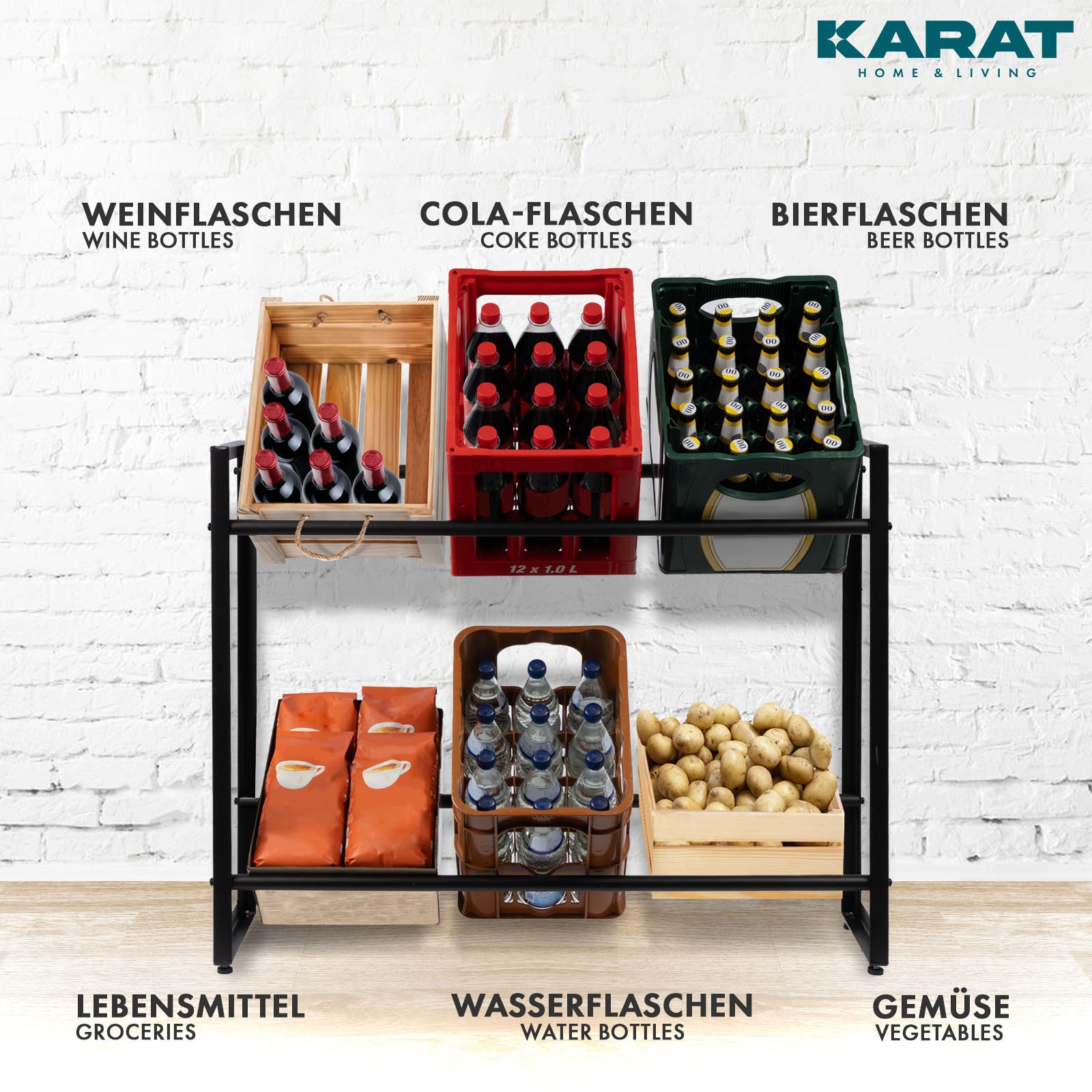 Flaschenkastenständer Kenji | Robustes Lagerregal für Büro, Küche, Garage oder Flur | Schwarz | In 2 Größen erhältlich