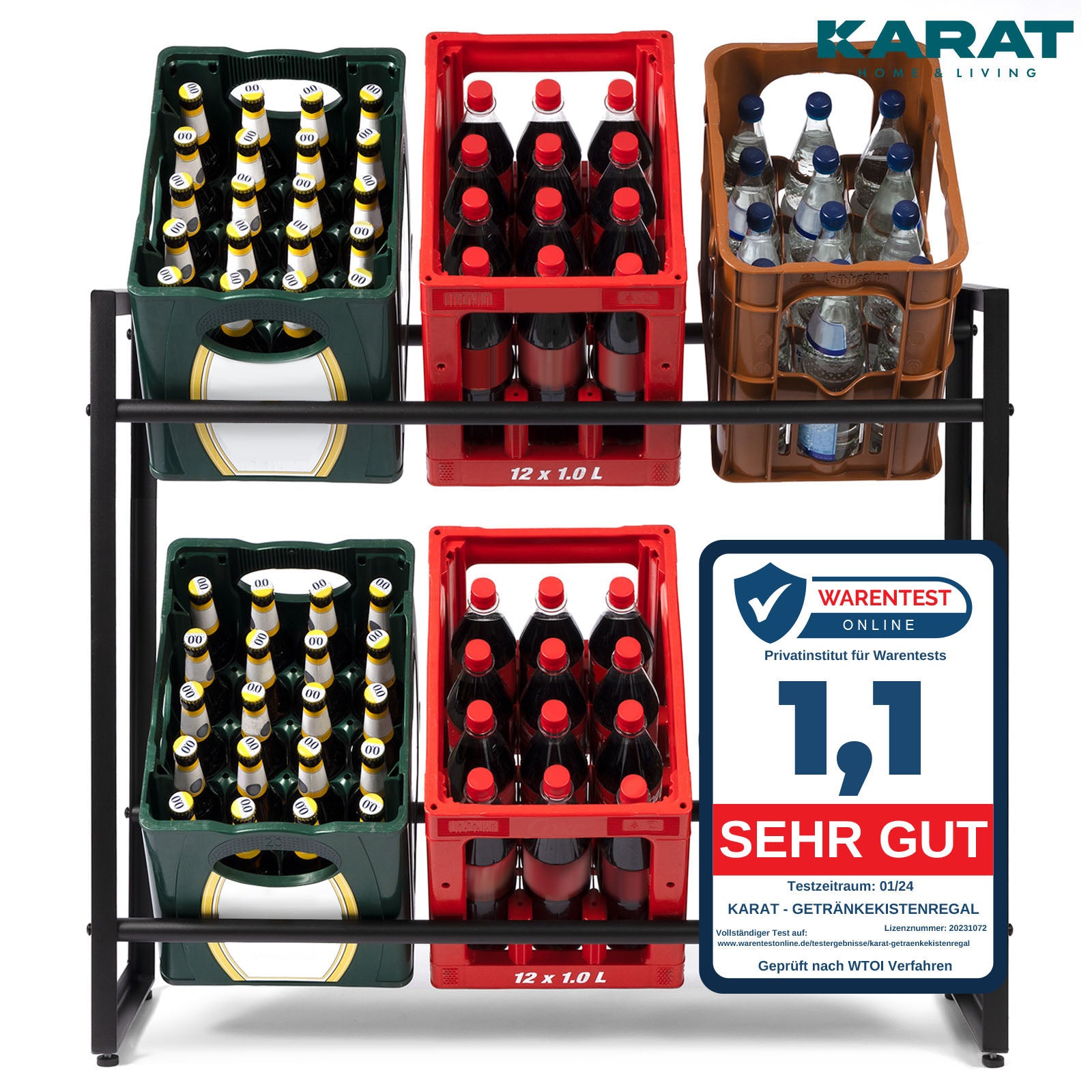 Flaschenkastenständer Kenji | Robustes Lagerregal für Büro, Küche, Garage oder Flur | Schwarz | In 2 Größen erhältlich