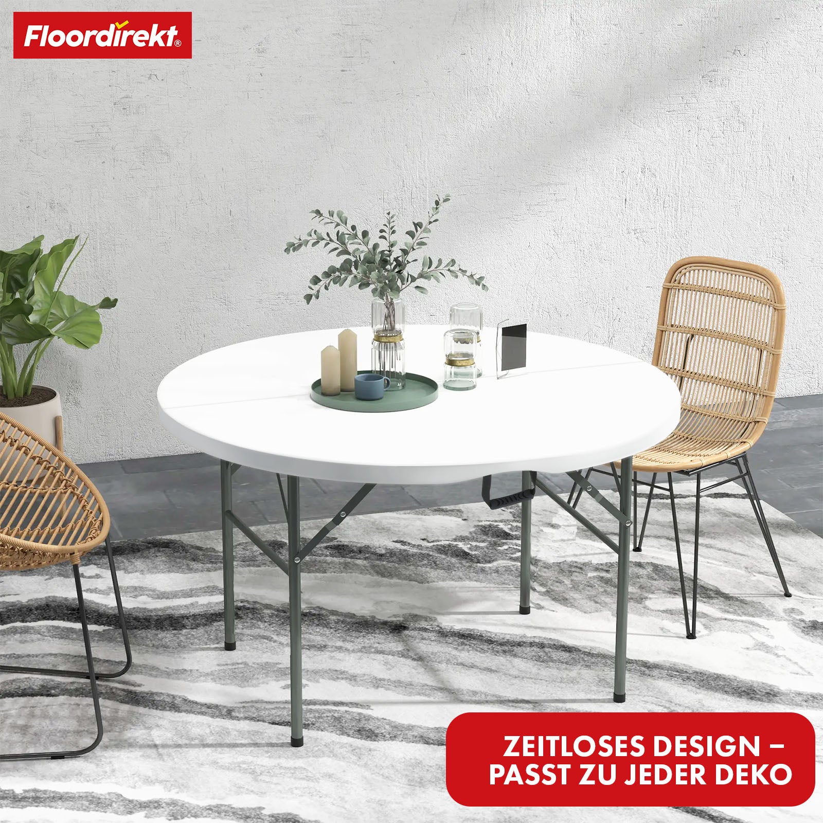 Klapptisch | Shiga | Runder weißer Gartentisch | Faltbar mit Tragegriff | 120 cm Durchmesser