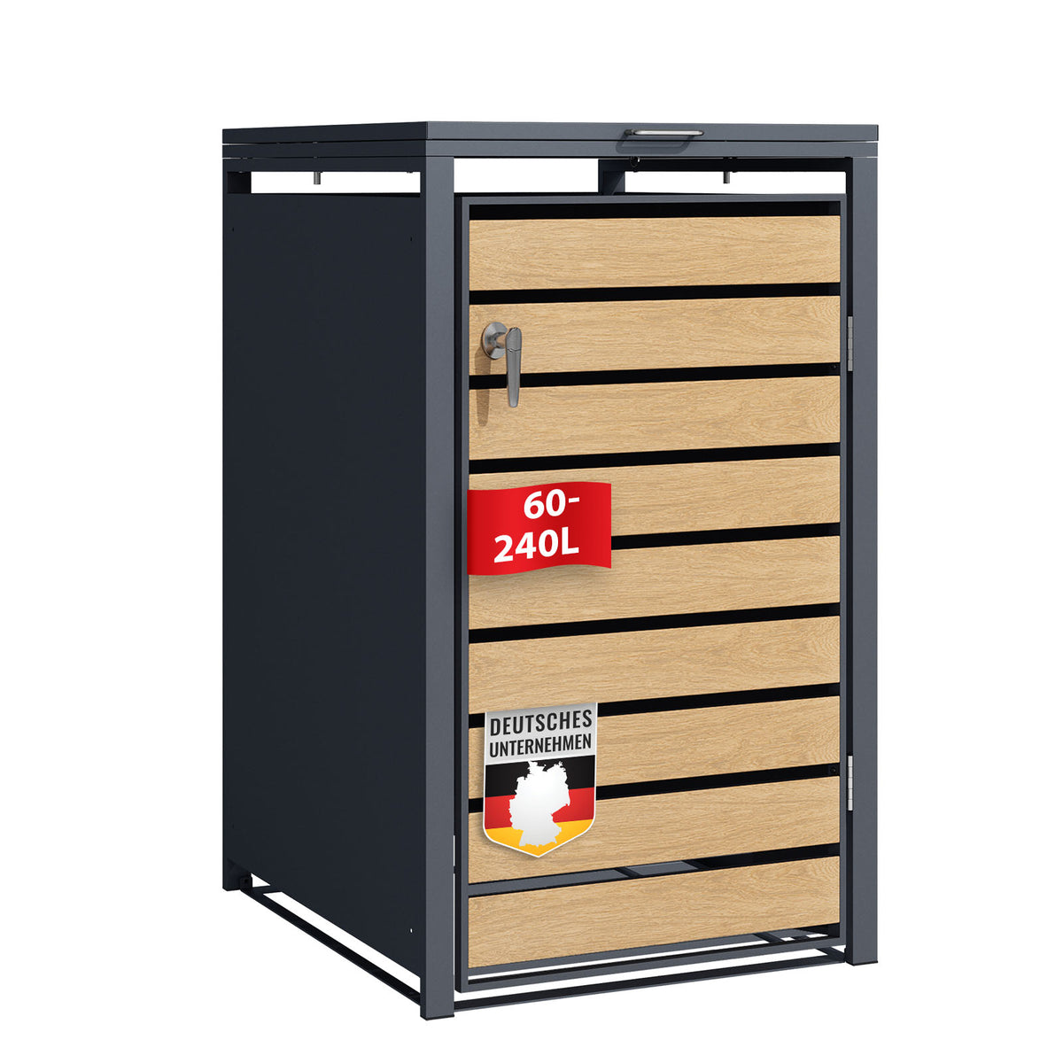 Mülltonnenbox | Johan | Anthrazitfarbene Mülltonnenverkleidung mit Holzdekor und robustem Edelstahlrahmen | 1–3 Türen | Mülltonnenaufbewahrung für 60–240 L