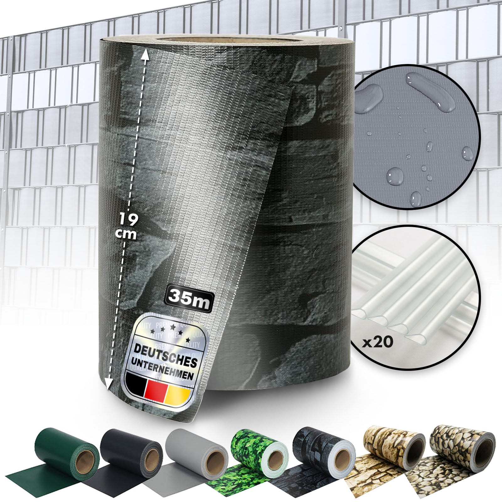 PVC-Sichtschutzstreifen | Für Gittermatten-Zäune | 3 Farben + 4 Designs