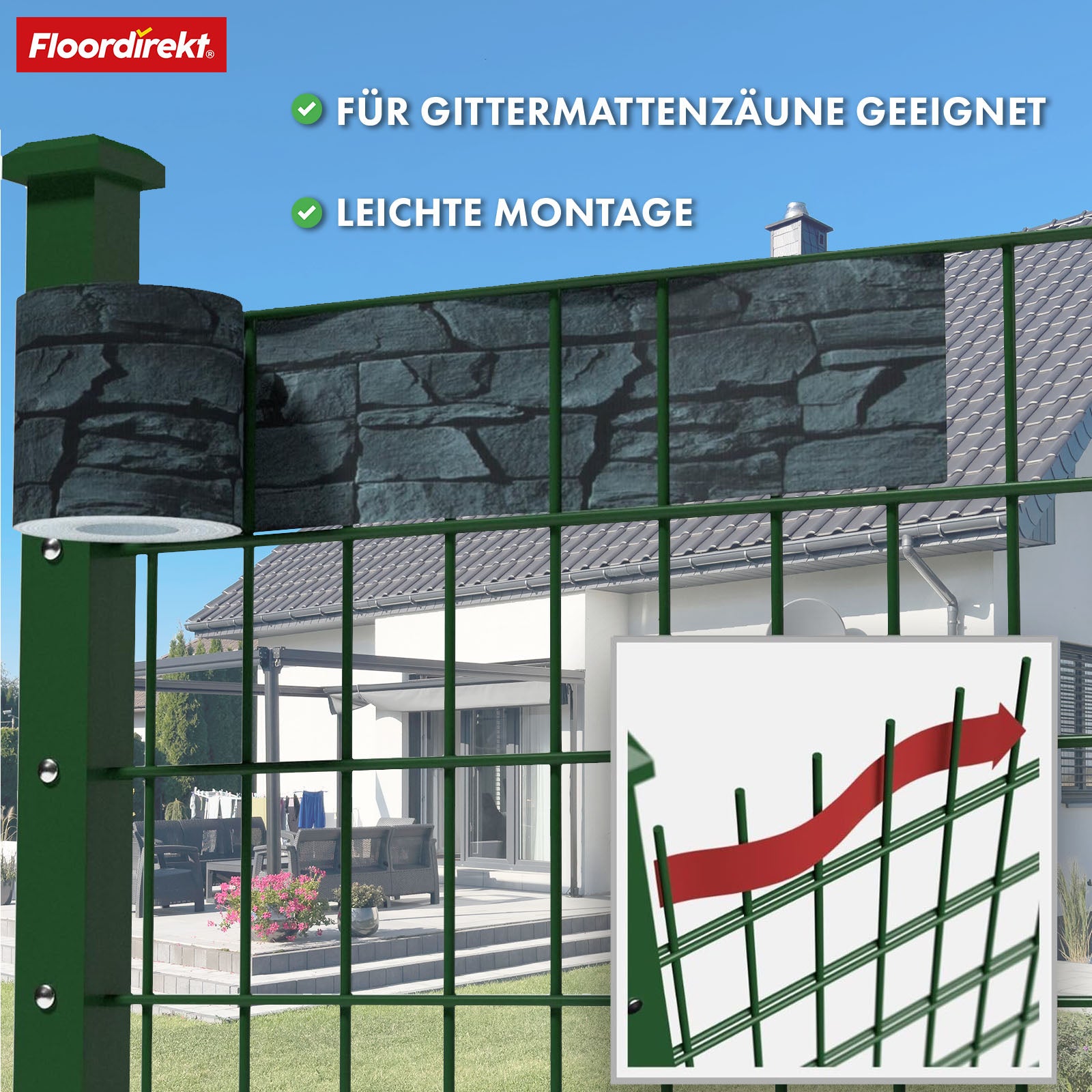 PVC-Sichtschutzstreifen | Für Gittermatten-Zäune | 3 Farben + 4 Designs