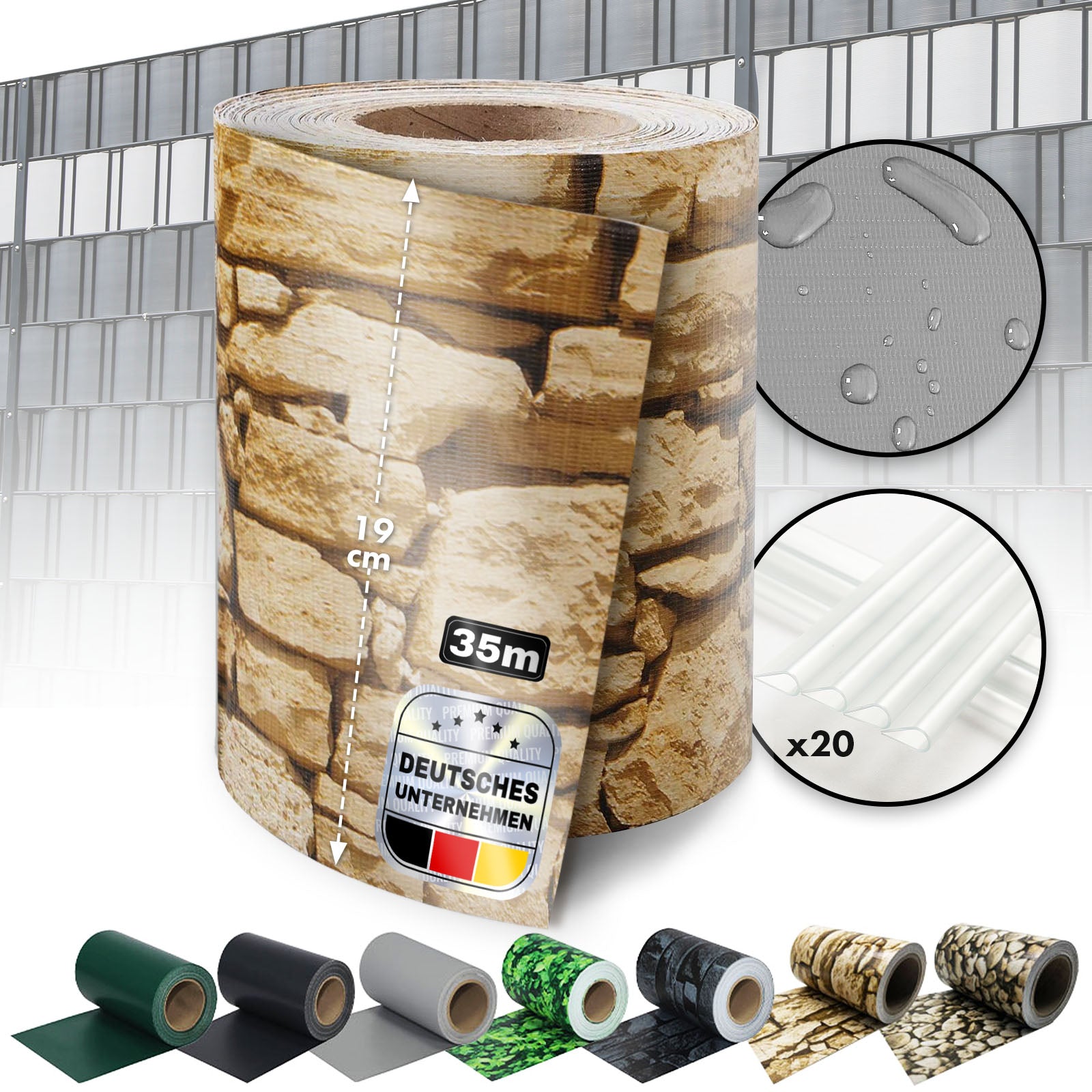 PVC-Sichtschutzstreifen | Für Gittermatten-Zäune | 3 Farben + 4 Designs