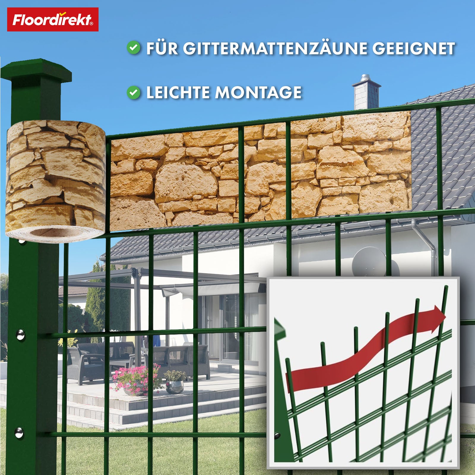 PVC-Sichtschutzstreifen | Für Gittermatten-Zäune | 3 Farben + 4 Designs