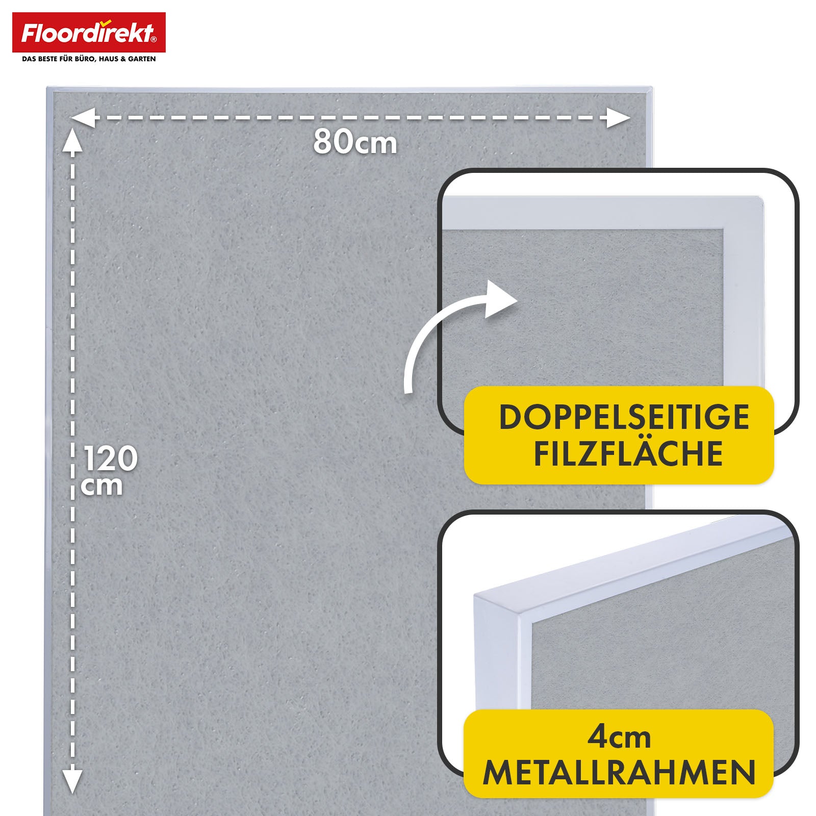 Mobile Präsentationstafel | Giant | Doppelseite Filztafel 80 x 120 cm mit feststellbaren Rollen & Ablage | Erhältlich in mehreren Farben