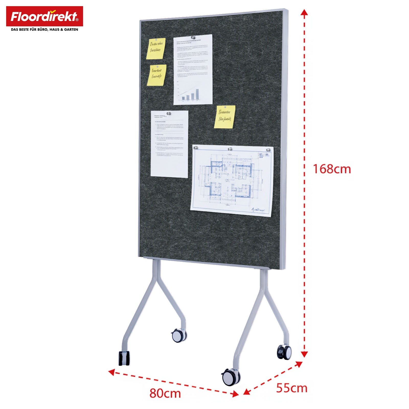 Mobile Präsentationstafel | Giant | Doppelseite Filztafel 80 x 120 cm mit feststellbaren Rollen & Ablage | Erhältlich in mehreren Farben