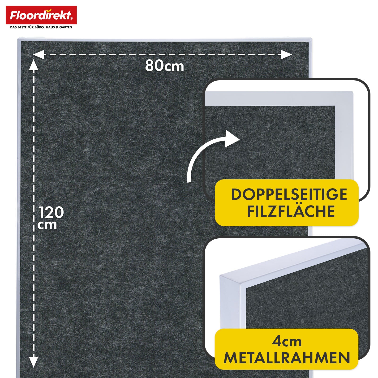 Mobile Präsentationstafel | Giant | Doppelseite Filztafel 80 x 120 cm mit feststellbaren Rollen & Ablage | Erhältlich in mehreren Farben