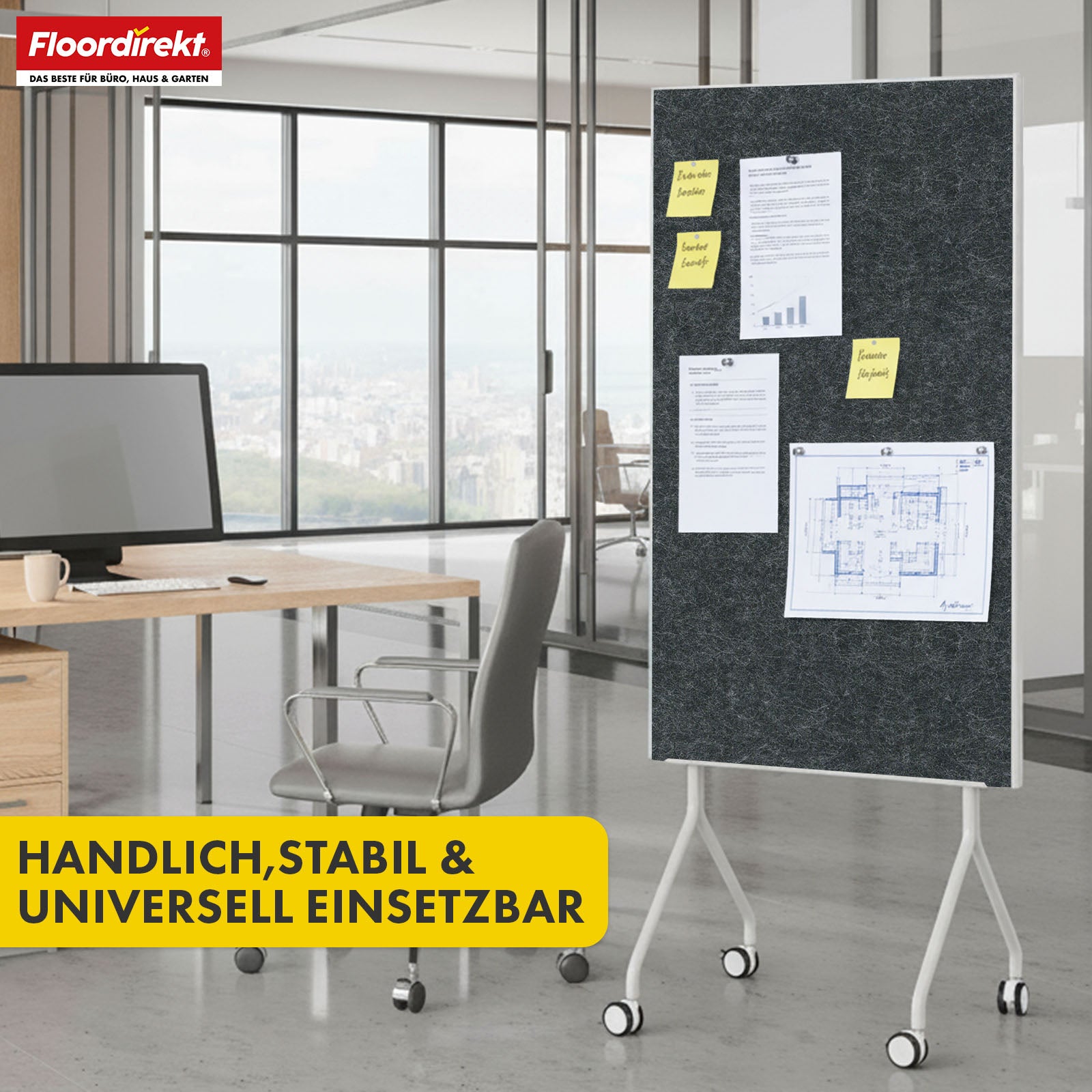 Mobile Präsentationstafel | Giant | Doppelseite Filztafel 80 x 120 cm mit feststellbaren Rollen & Ablage | Erhältlich in mehreren Farben