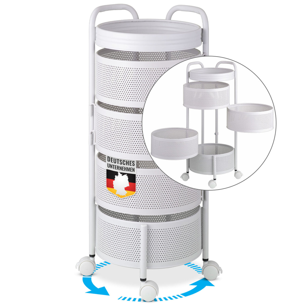 Rollwagen | Henry | Weißes Stahlregal für Küche & Bad | 5 Etagen mit ausklappbaren Körben