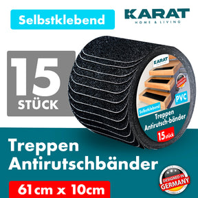 Antirutsch-Streifen für Treppen | Nicu | Raue Oberfläche | Selbstklebend | 15er Set inklusive Montageroller | Schwarz | 10 x 61 cm