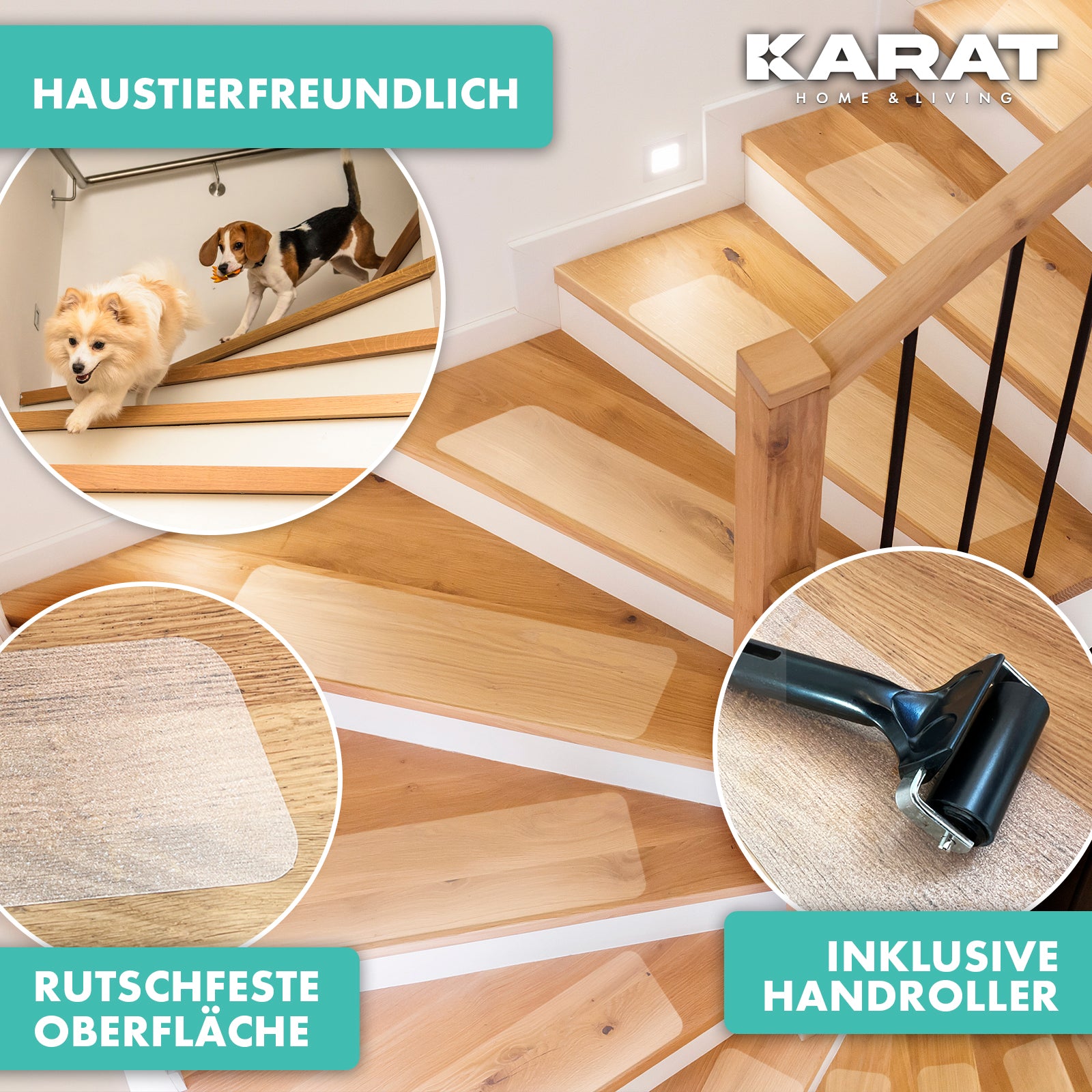 Antirutsch-Streifen für Treppen | Henri  | Strukturierte Oberfläche | Selbstklebend | 15er Set inklusive Montageroller | Transparent | 10 x 60 cm