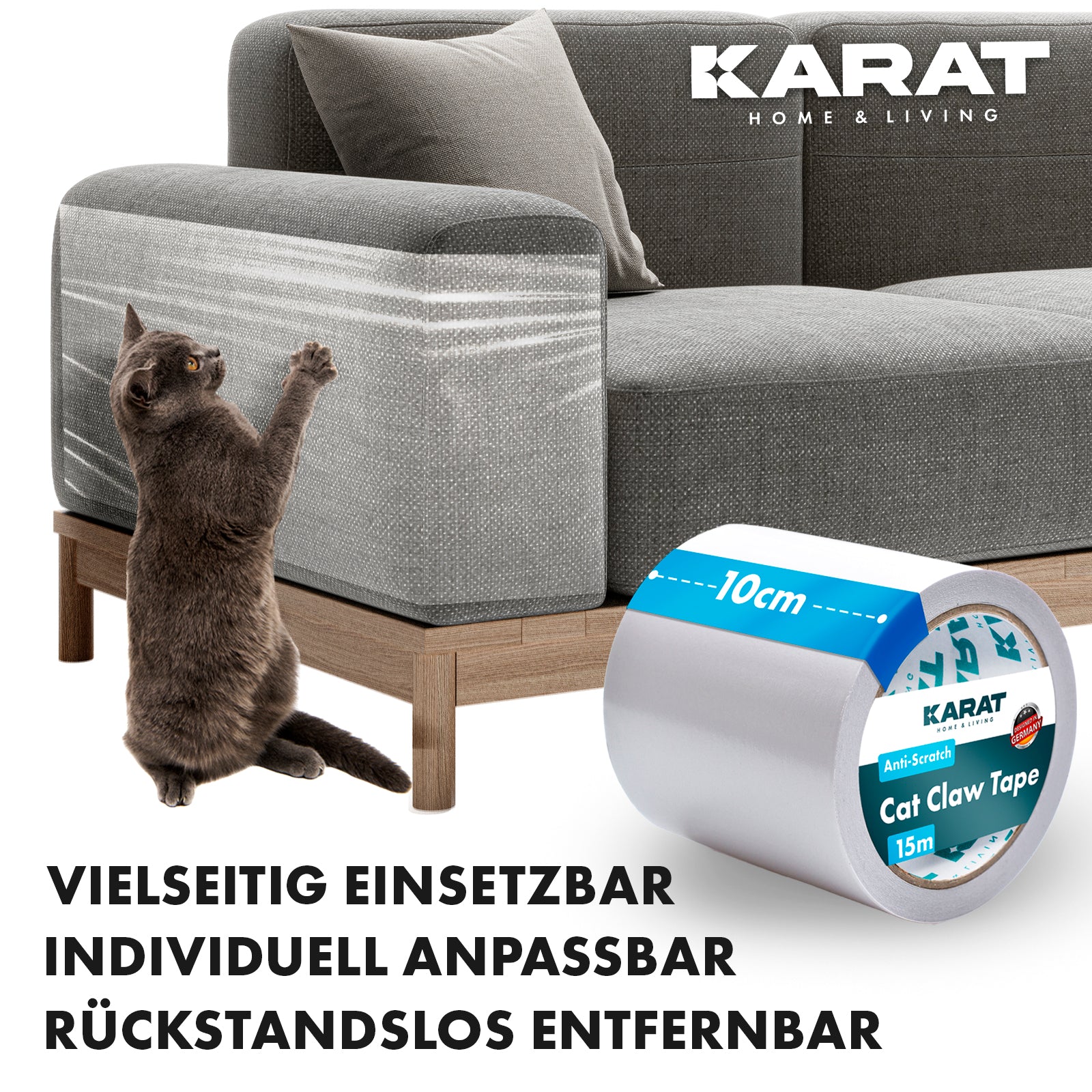 Katzen Kratzschutz | Selbstklebende Kratzfolie | Trainingsklebeband | Möbelschutz | Transparent | 15 m x 10 cm