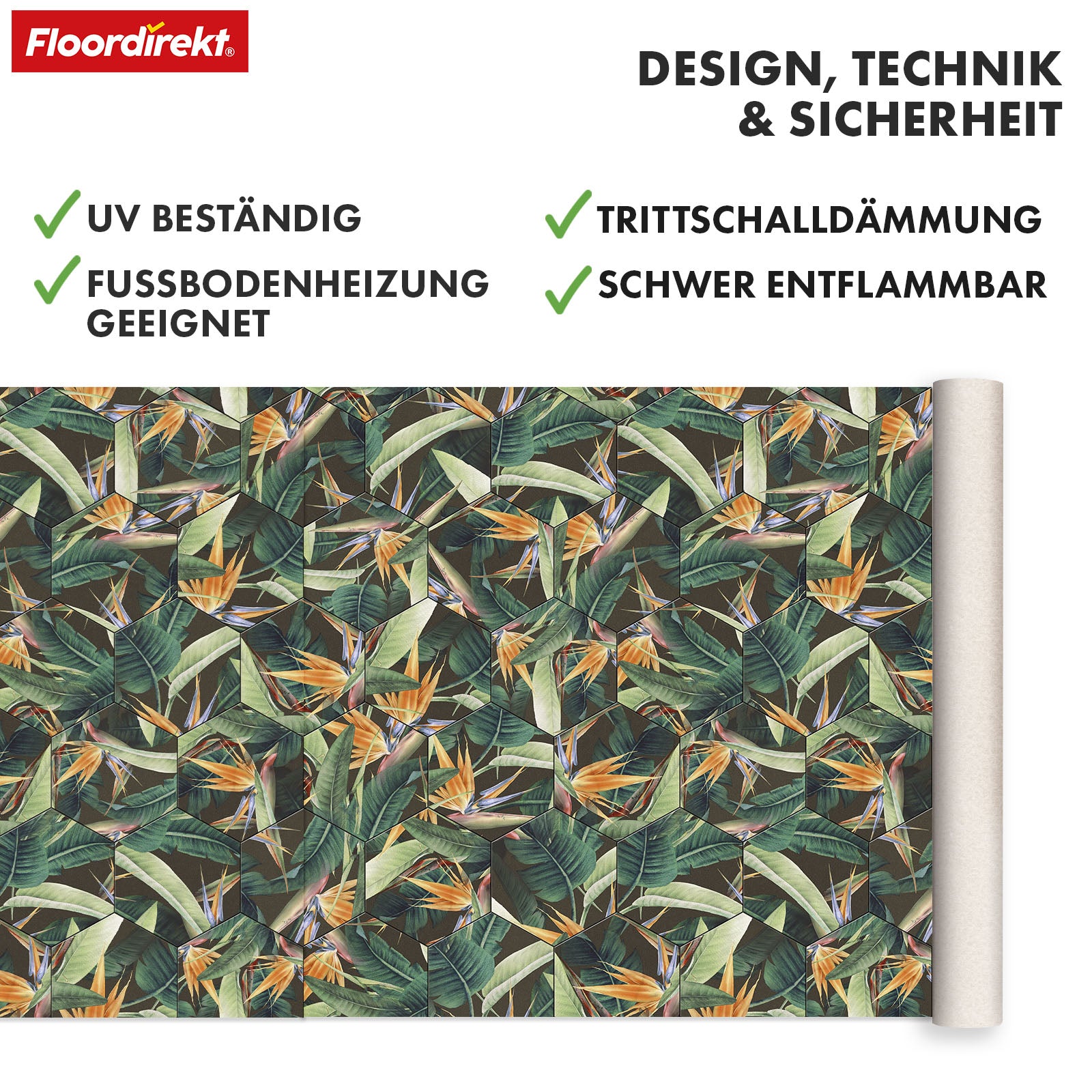 3D CV-Belag | Strelitzia 536M | Vinyl-Bodenbelag mit tropischem Design in realistischer Fliesenoptik