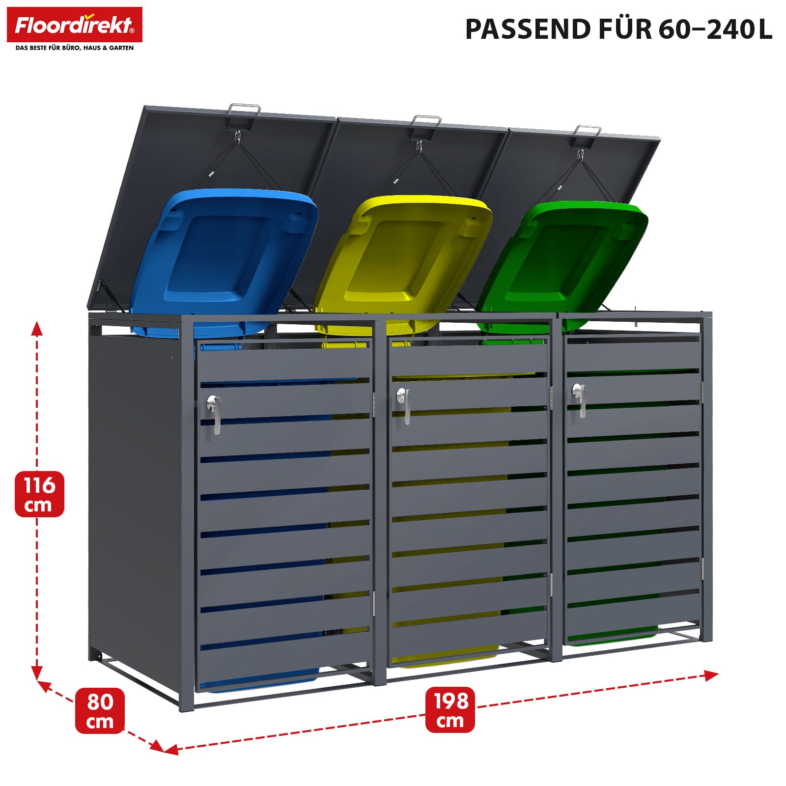 Mülltonnenbox | Magnus | Wetterfeste Anthrazitfarbene Mülltonnenverkleidung mit Edelstahlrahmen | 1–3 Türen | Für 60–240 L Mülltonnen geeignet
