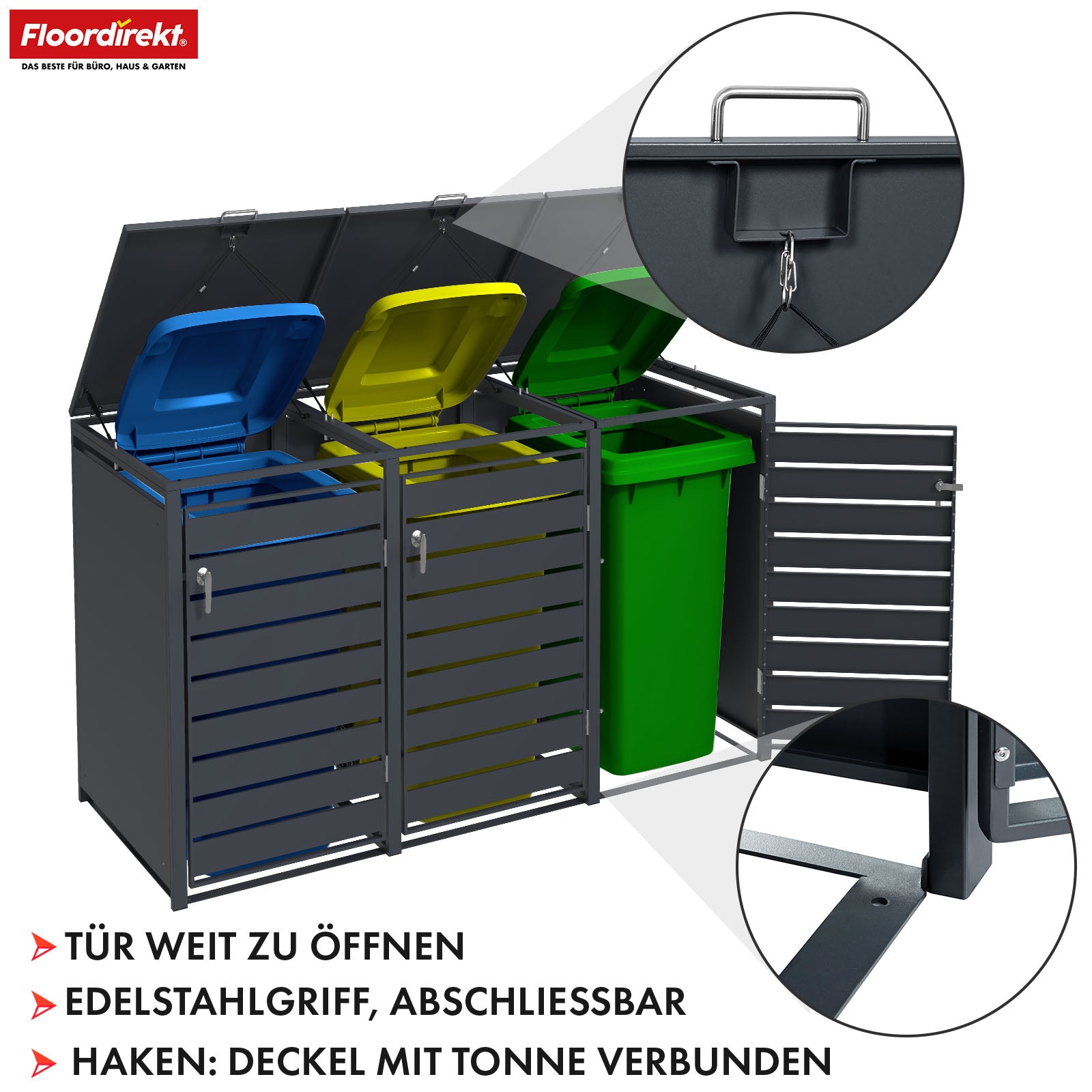 Mülltonnenbox | Magnus | Wetterfeste Anthrazitfarbene Mülltonnenverkleidung mit Edelstahlrahmen | 1–3 Türen | Für 60–240 L Mülltonnen geeignet