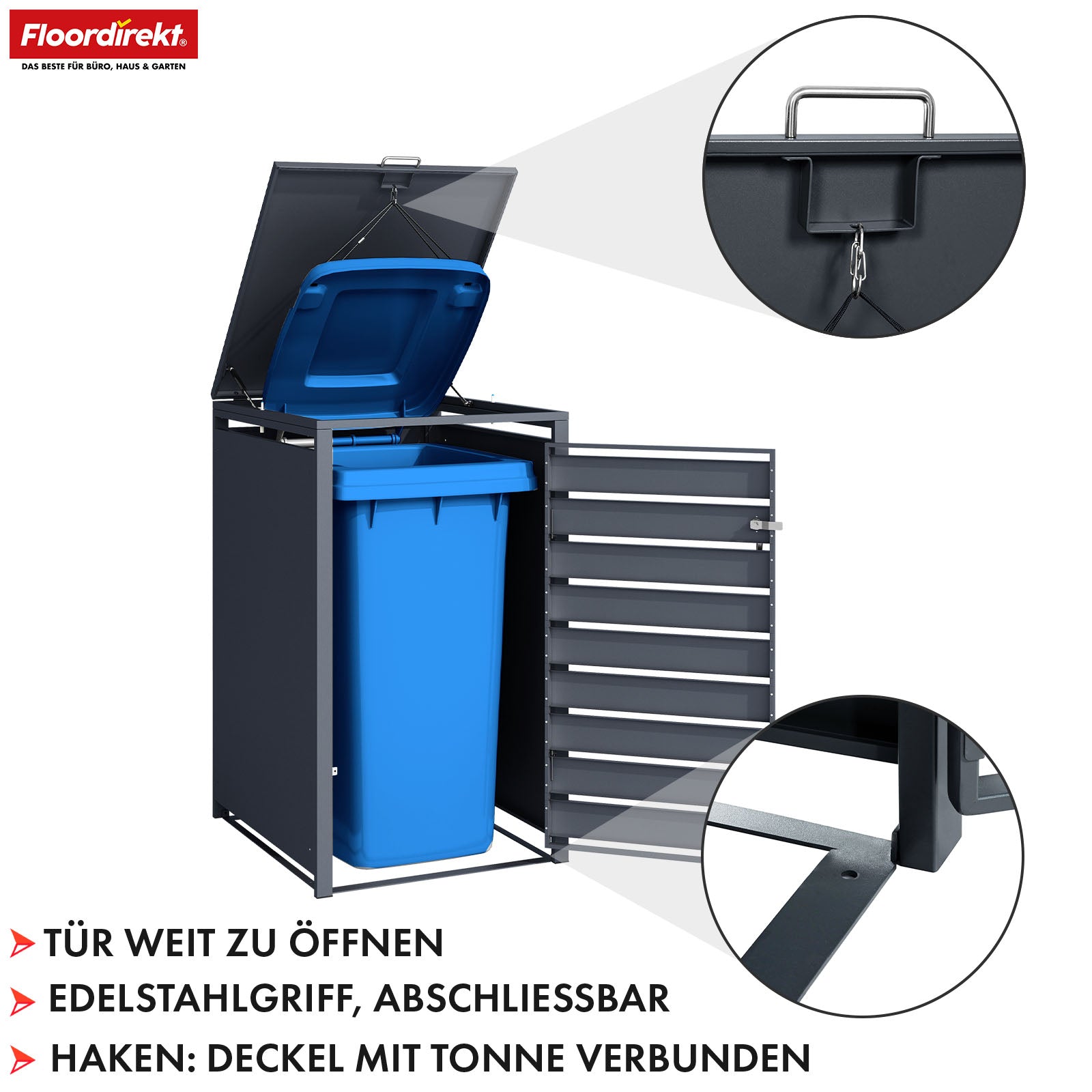 Mülltonnenbox | Magnus | Wetterfeste Anthrazitfarbene Mülltonnenverkleidung mit Edelstahlrahmen | 1–3 Türen | Für 60–240 L Mülltonnen geeignet
