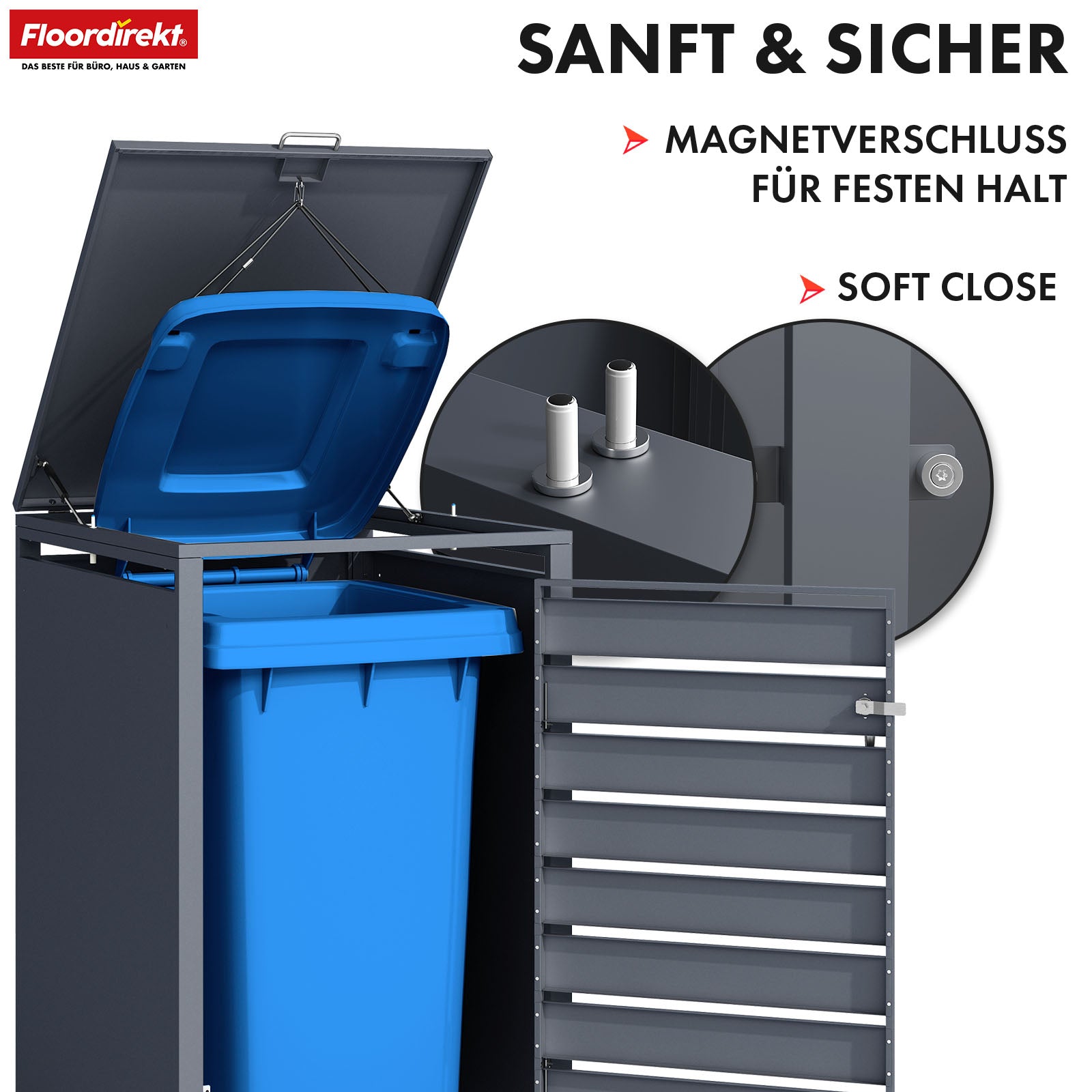 Mülltonnenbox | Magnus | Wetterfeste Anthrazitfarbene Mülltonnenverkleidung mit Edelstahlrahmen | 1–3 Türen | Für 60–240 L Mülltonnen geeignet