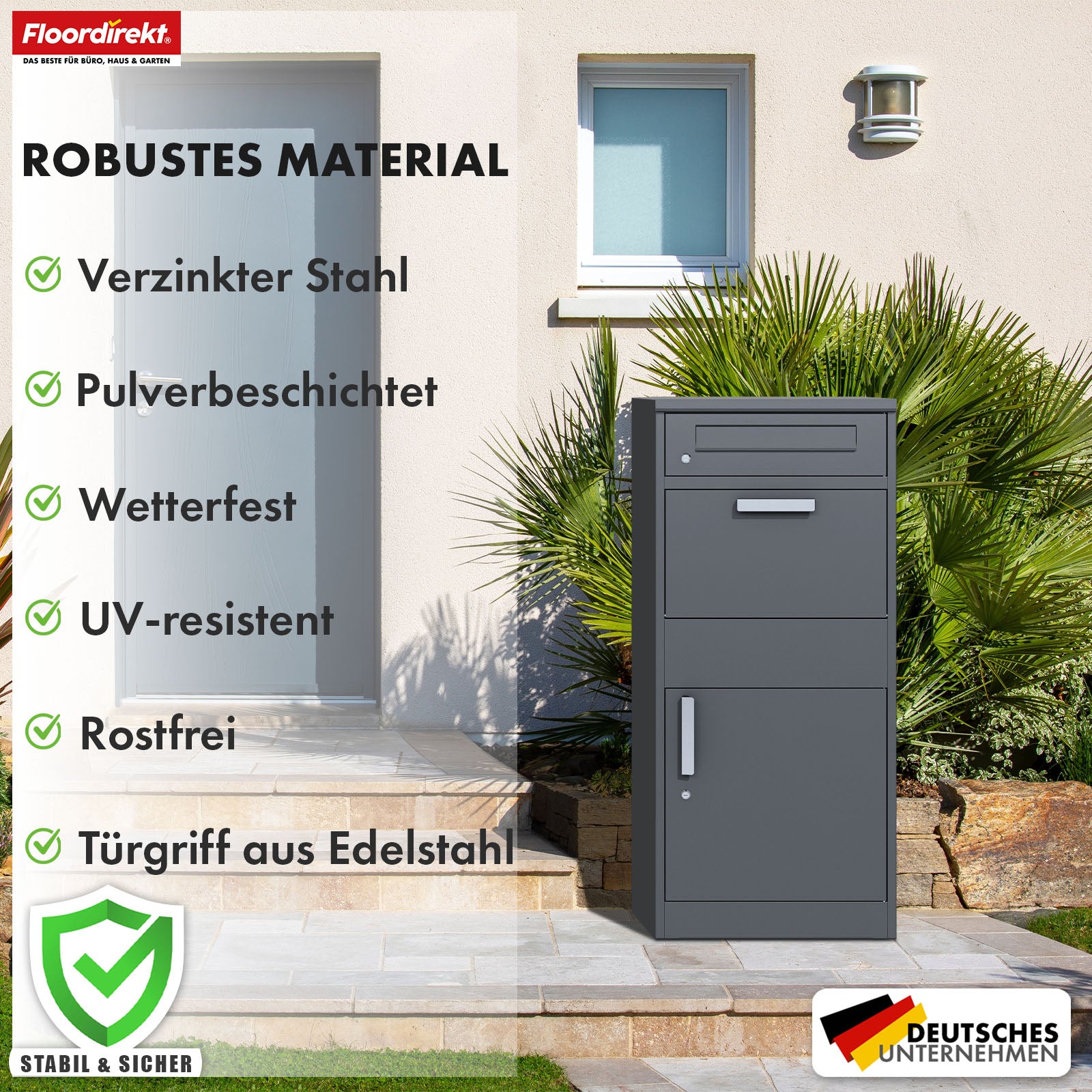 Paketbox mit Briefkasten | Francois | Wasserdichter Paketbriefkasten aus Stahl, abschließbar & freistehend in Anthrazit