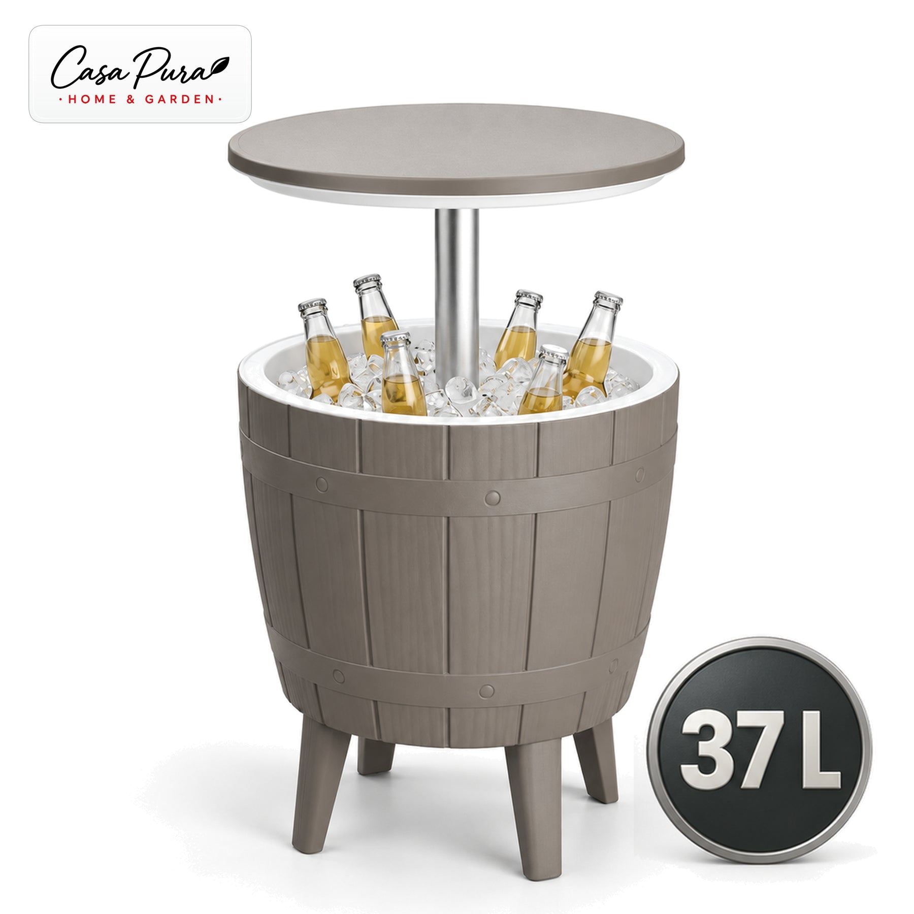 Getränkekühler Tisch | Bora | Höhenverstellbarer Gartentisch mit 37 L Kühlfach in Fass-Optik | 2 Farben