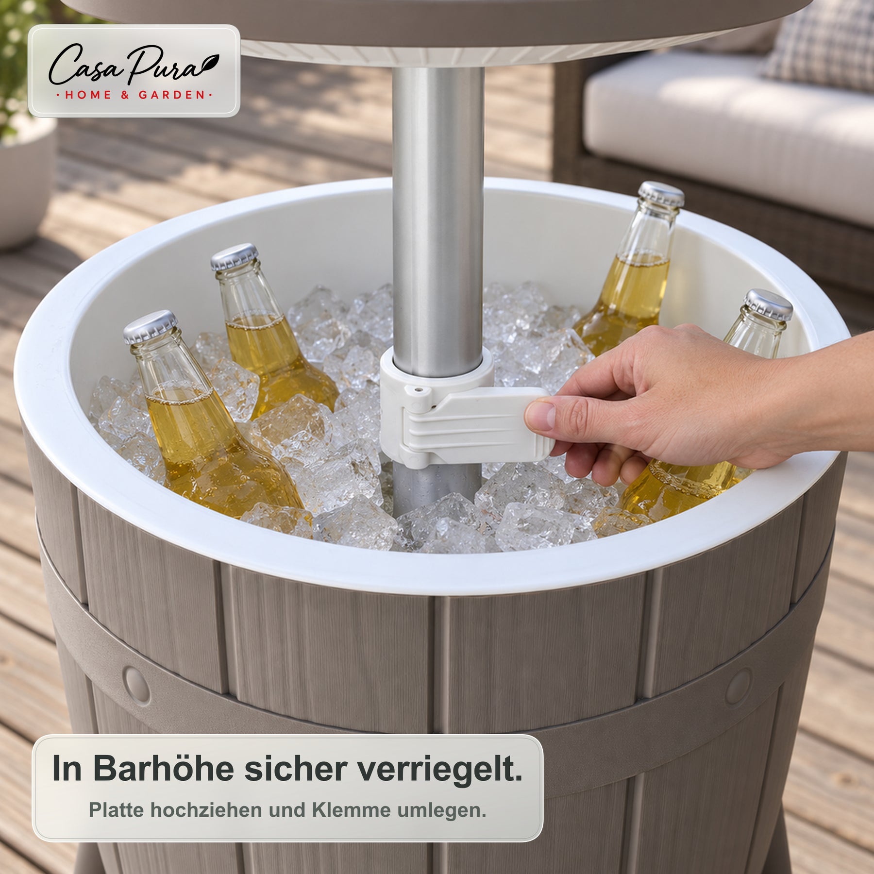 Getränkekühler Tisch | Bora | Höhenverstellbarer Gartentisch mit 37 L Kühlfach in Fass-Optik | 2 Farben