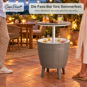 Getränkekühler Tisch | Bora | Höhenverstellbarer Gartentisch mit 37 L Kühlfach in Fass-Optik | 2 Farben