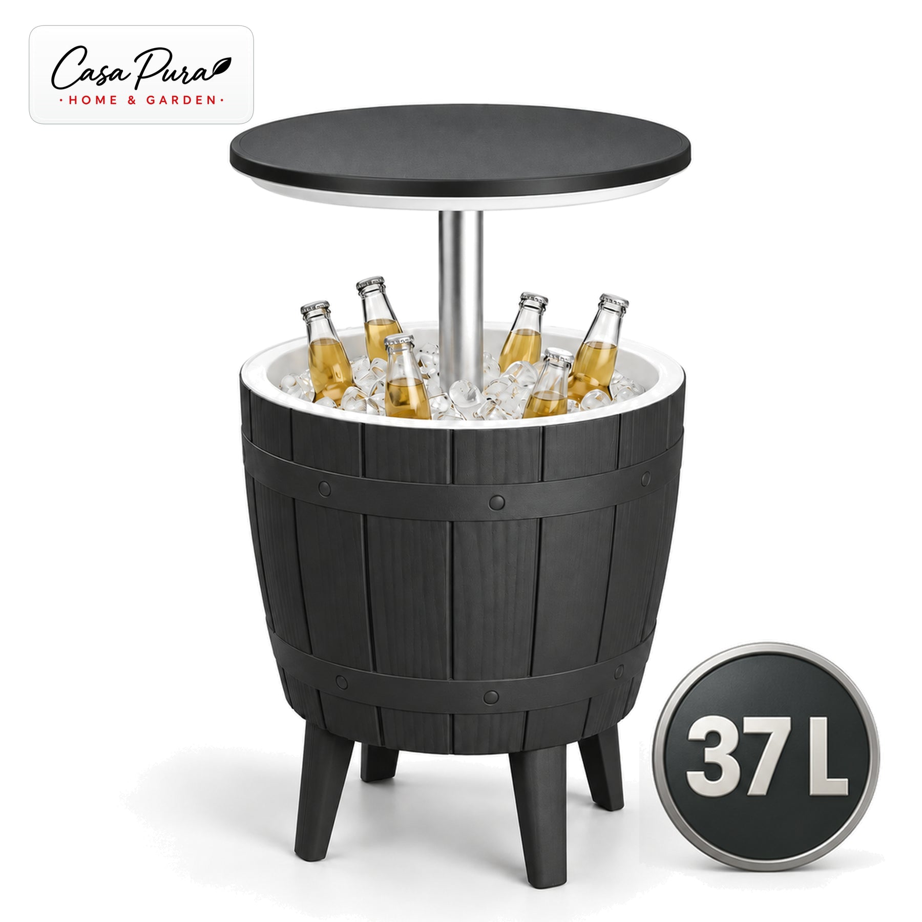 Getränkekühler Tisch | Bora | Höhenverstellbarer Gartentisch mit 37 L Kühlfach in Fass-Optik | 2 Farben