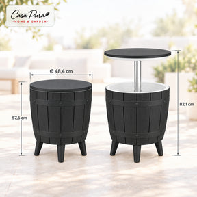 Getränkekühler Tisch | Bora | Höhenverstellbarer Gartentisch mit 37 L Kühlfach in Fass-Optik | 2 Farben