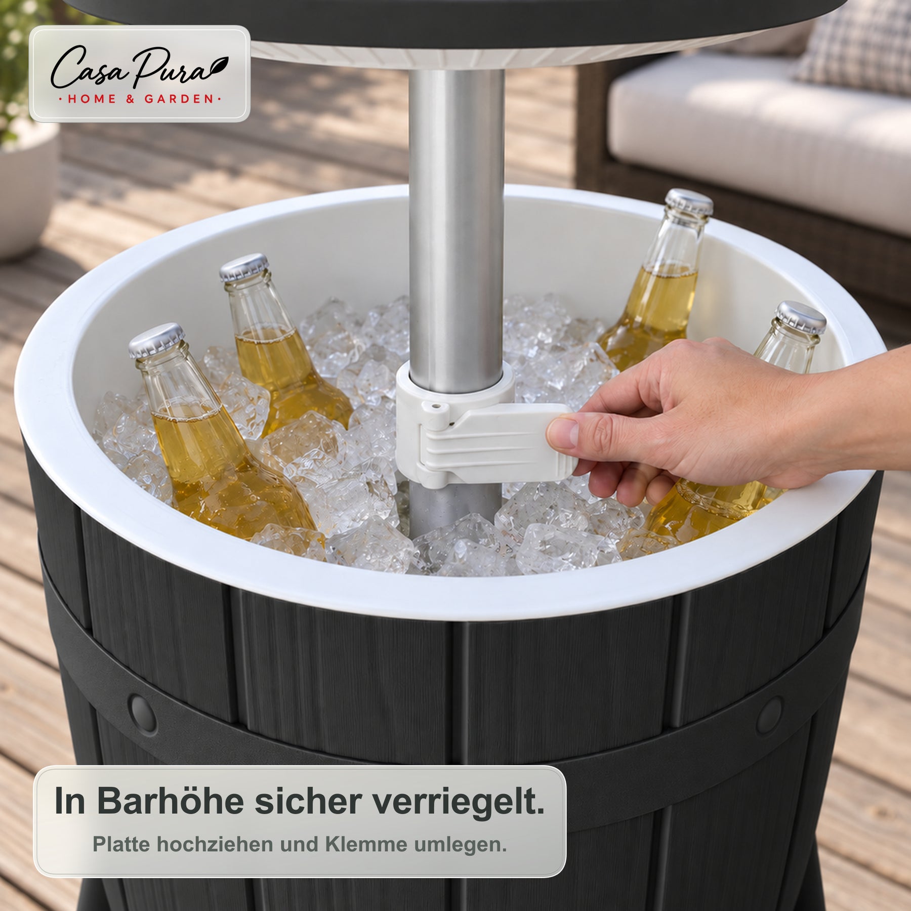 Getränkekühler Tisch | Bora | Höhenverstellbarer Gartentisch mit 37 L Kühlfach in Fass-Optik | 2 Farben