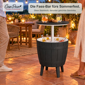 Getränkekühler Tisch | Bora | Höhenverstellbarer Gartentisch mit 37 L Kühlfach in Fass-Optik | 2 Farben