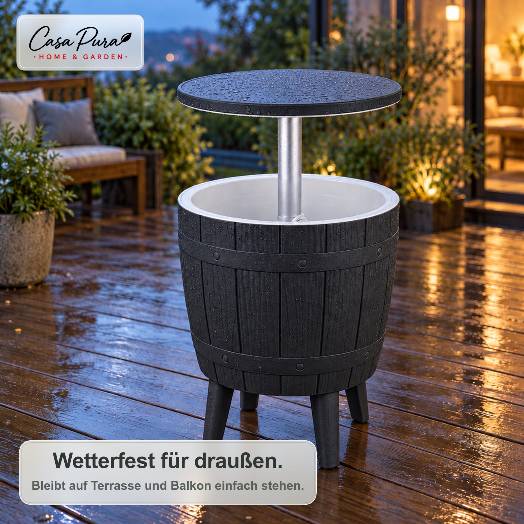 Getränkekühler Tisch | Bora | Höhenverstellbarer Gartentisch mit 37 L Kühlfach in Fass-Optik | 2 Farben