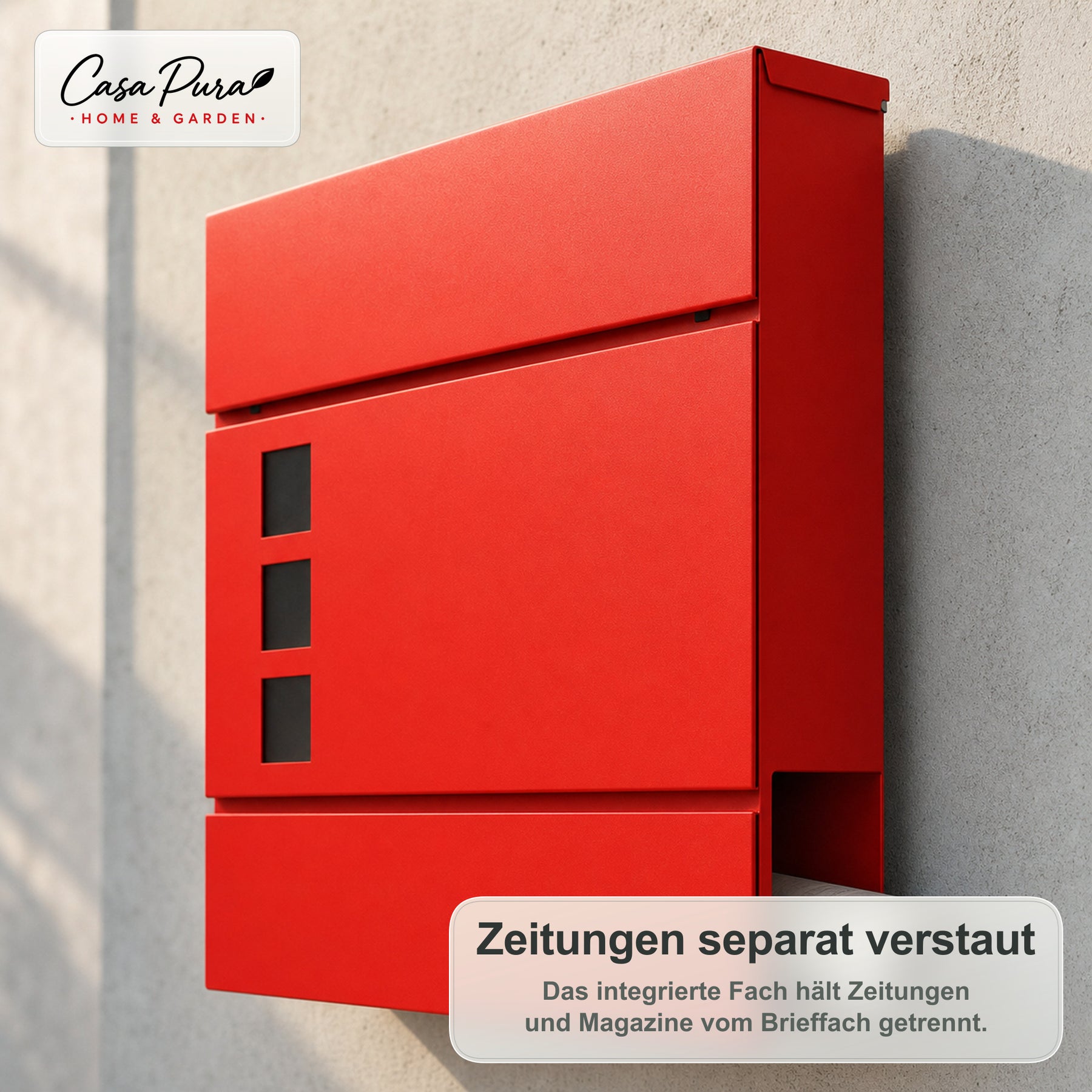 Briefkasten | Adrien | Abschließbarer Wandbriefkasten mit Zeitungsfach | Wetterfest | Rot