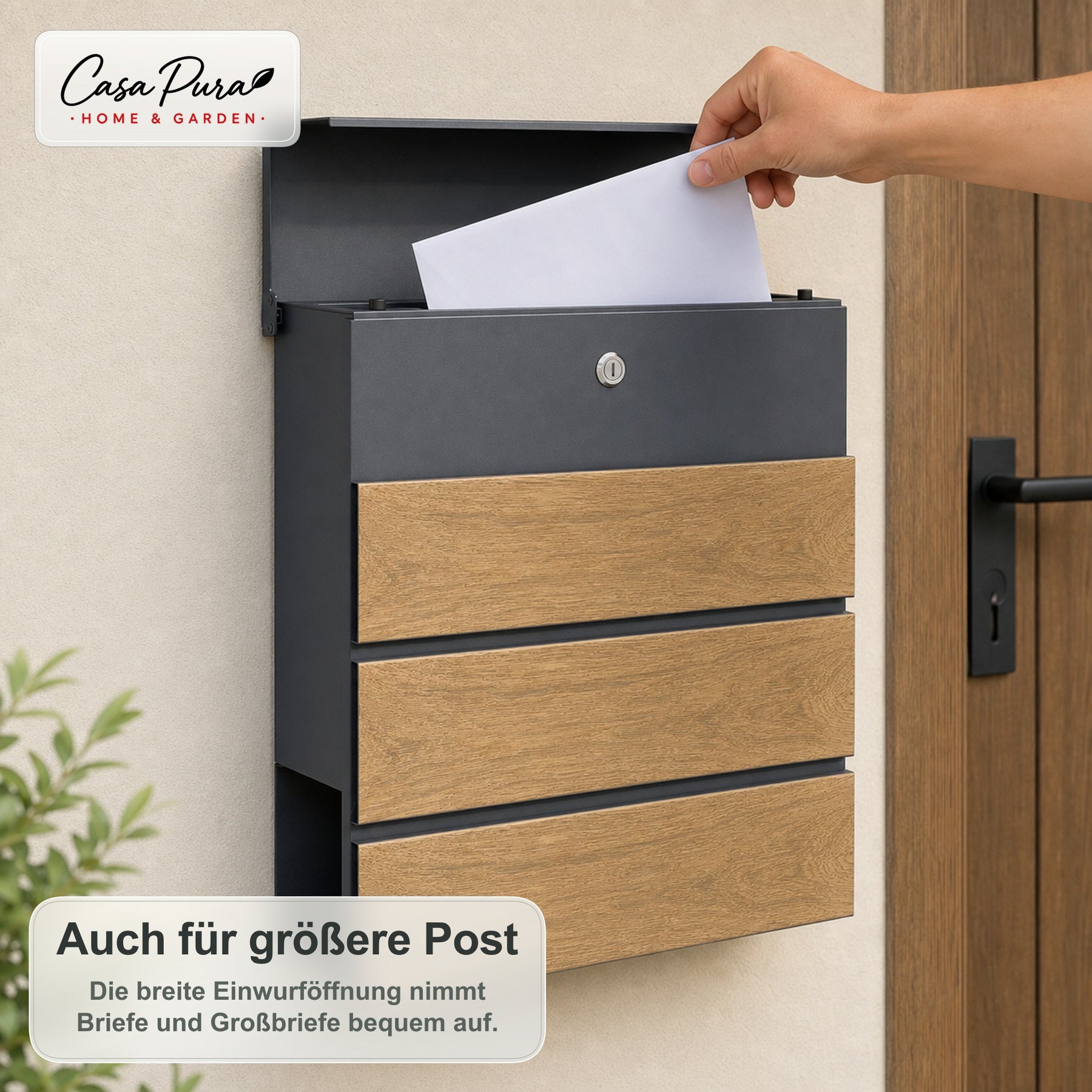 Briefkasten | Roland | Moderner Wandbriefkasten mit Zeitungsfach | Anthrazit Holzoptik