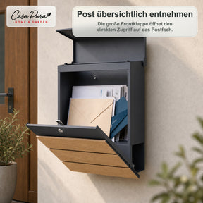 Briefkasten | Roland | Moderner Wandbriefkasten mit Zeitungsfach | Anthrazit Holzoptik