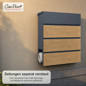 Briefkasten | Roland | Moderner Wandbriefkasten mit Zeitungsfach | Anthrazit Holzoptik