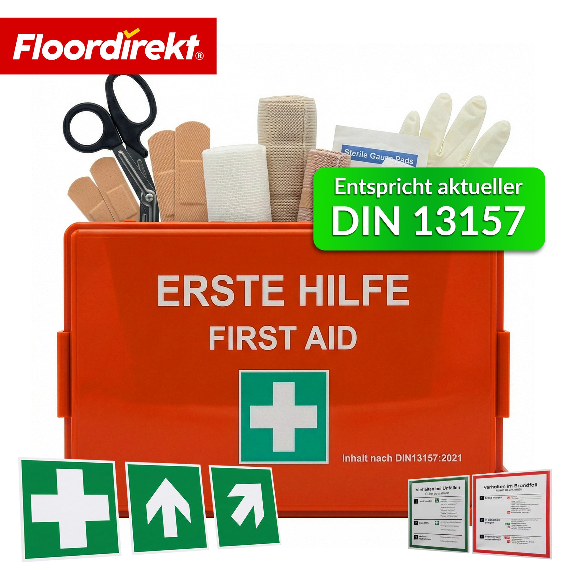 Erste-Hilfe-Koffer | DIN 13157:2021 | Verbandskasten mit Wandhalterung & ISO-Aufklebern
