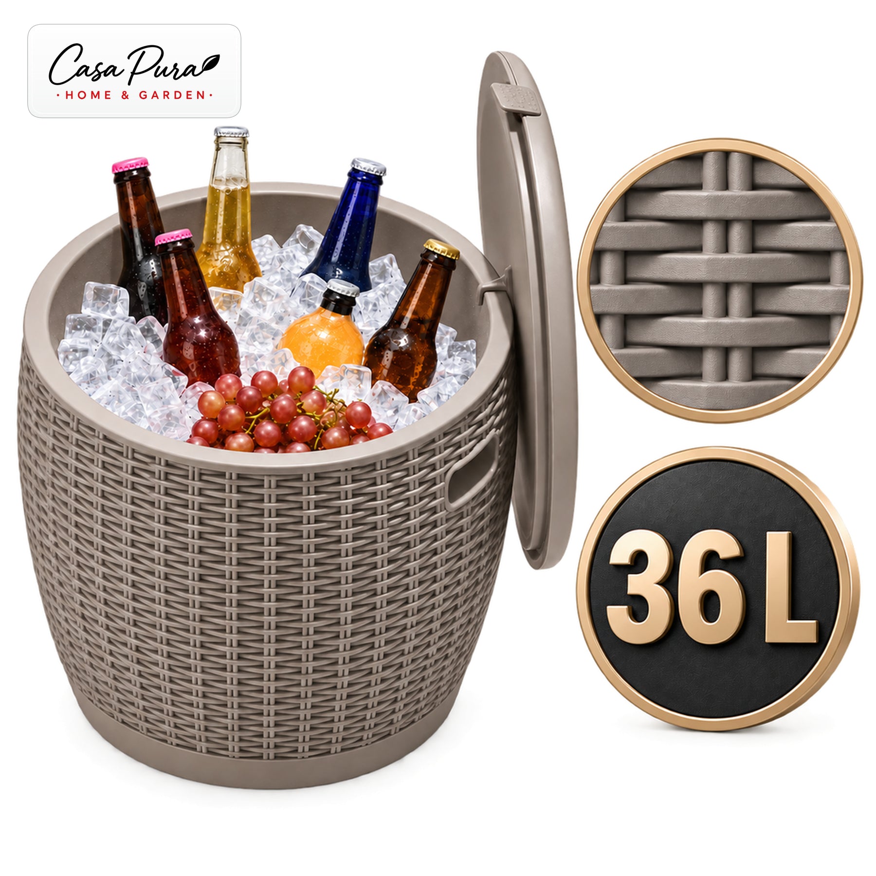 Getränkekühler | Laguna | 36 L Kühlbox mit Sitz- & Beistelltischfunktion in Rattan-Optik | 2 Farben
