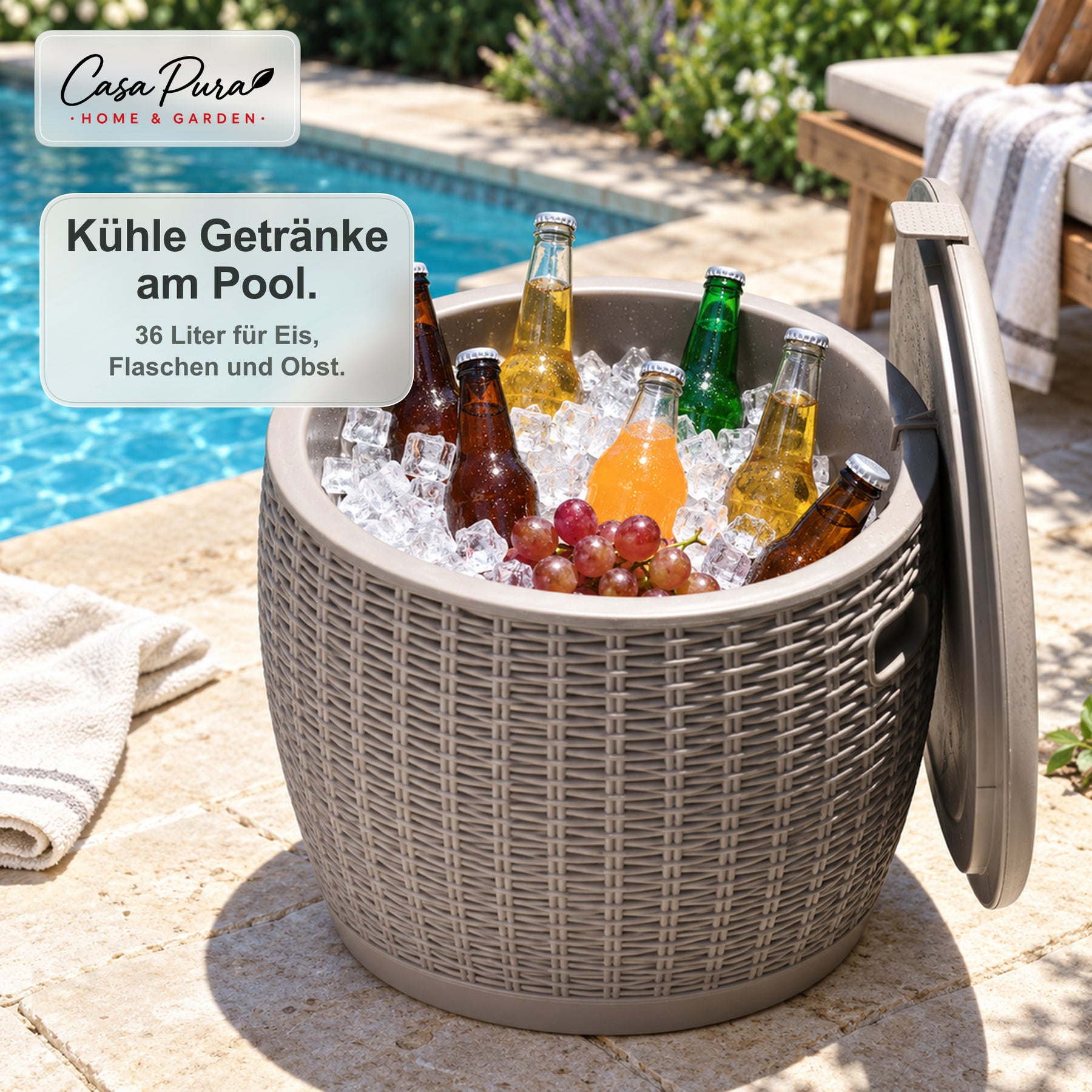 Getränkekühler | Laguna | 36 L Kühlbox mit Sitz- & Beistelltischfunktion in Rattan-Optik | 2 Farben