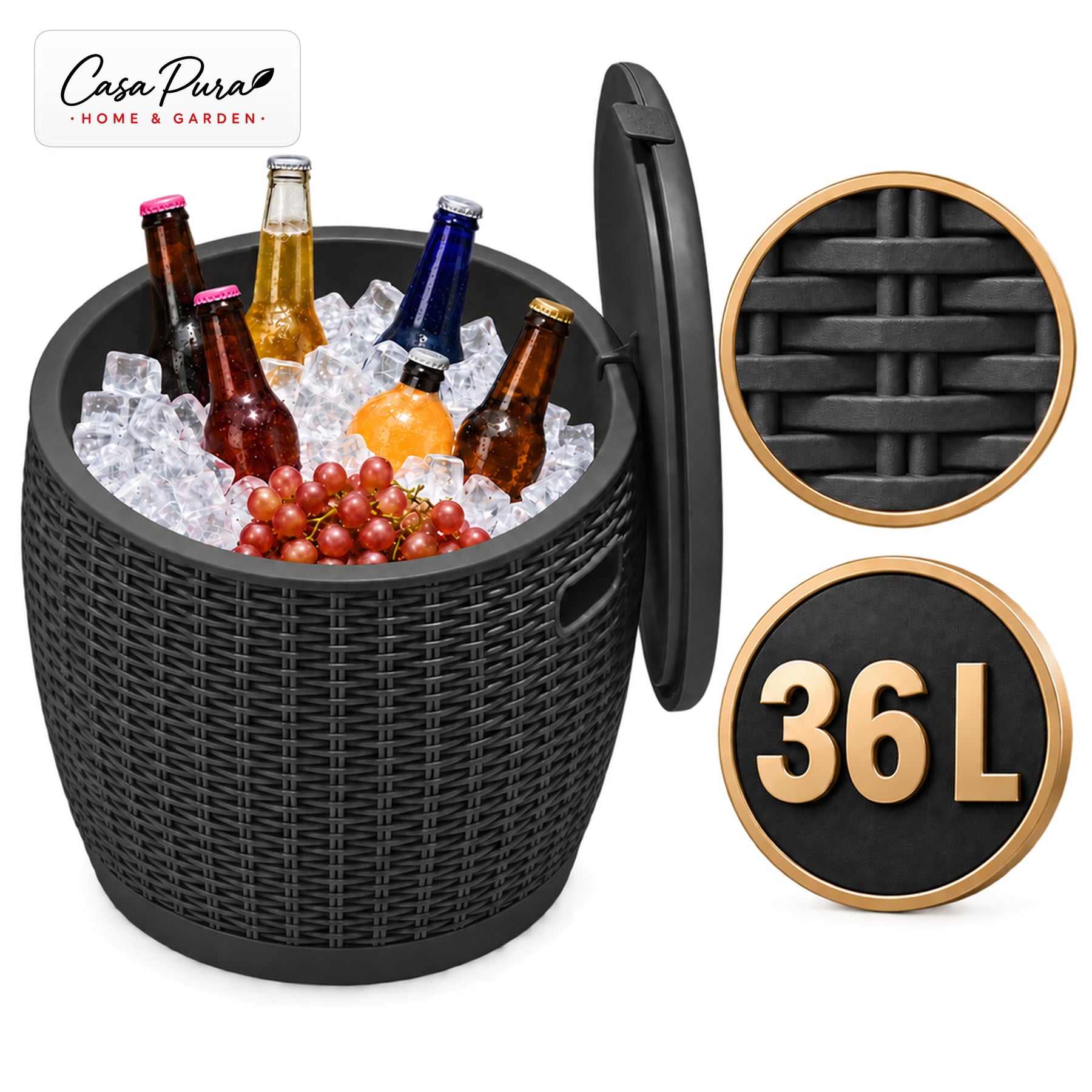 Getränkekühler | Laguna | 36 L Kühlbox mit Sitz- & Beistelltischfunktion in Rattan-Optik | 2 Farben