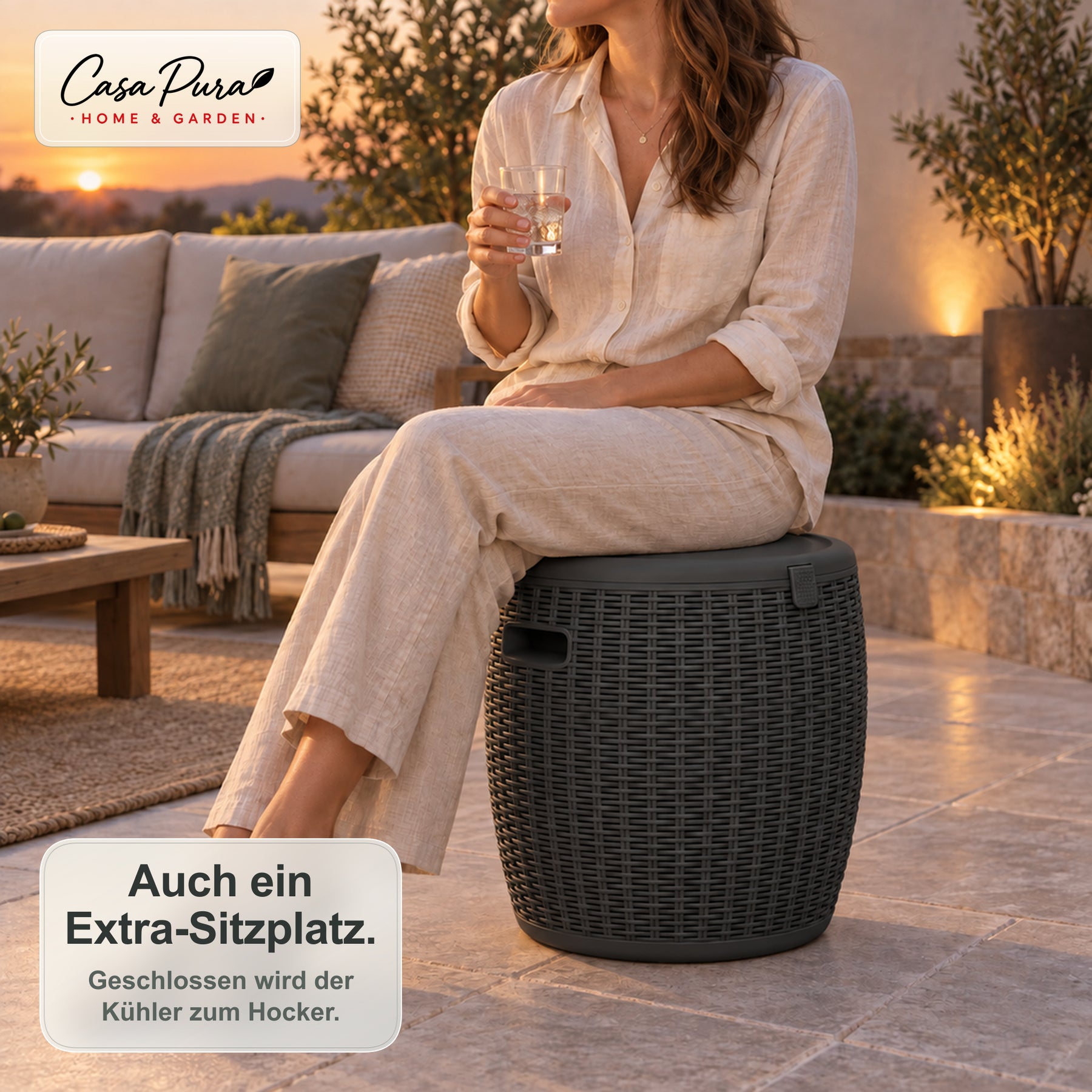 Getränkekühler | Laguna | 36 L Kühlbox mit Sitz- & Beistelltischfunktion in Rattan-Optik | 2 Farben