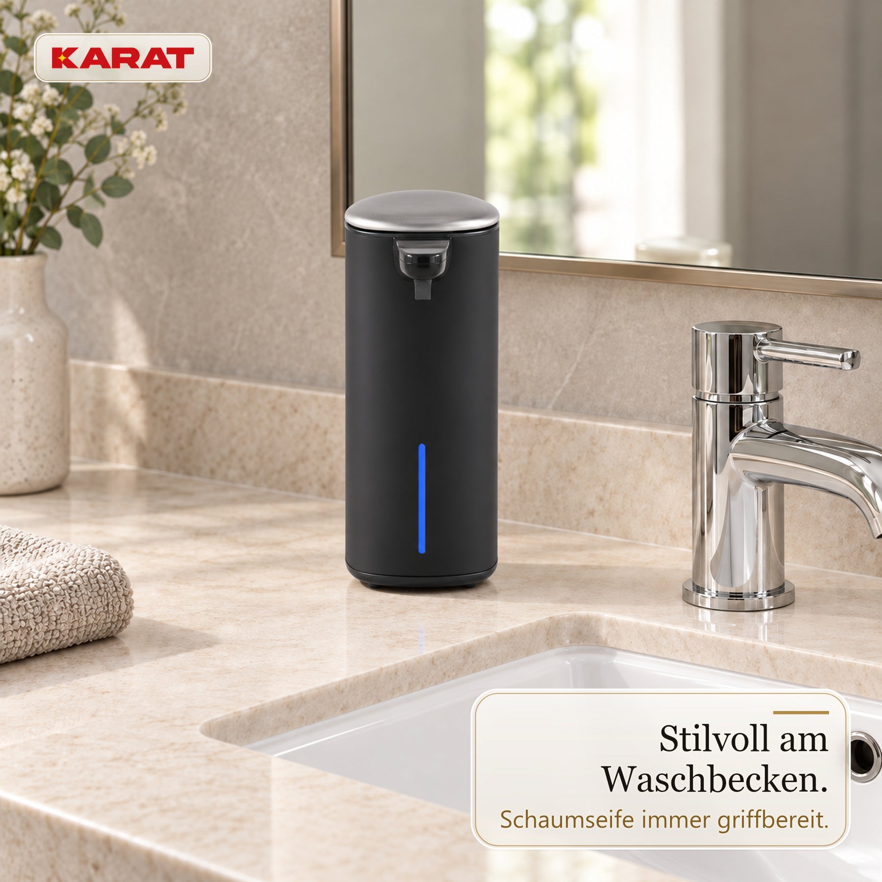Automatischer Schaumseifenspender | Liora | Berührungsloser Seifenspender mit Sensor, USB-C-Akku & Edelstahl | 250 ml