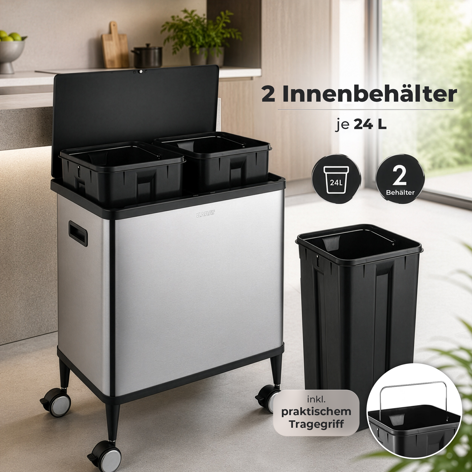 Mülleimer | Tyler | Sensor-Abfalleimer aus Edelstahl | 2 × 24 L Mülltrennung | Rollen mit Bremsen